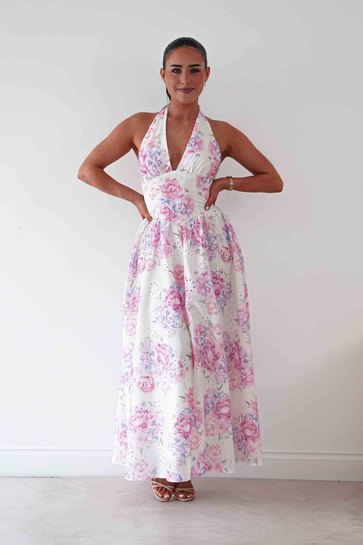 Alicia Broderie Floral Halterneck Midaxi Dress | White/Pink-Oh Hello Clothing
