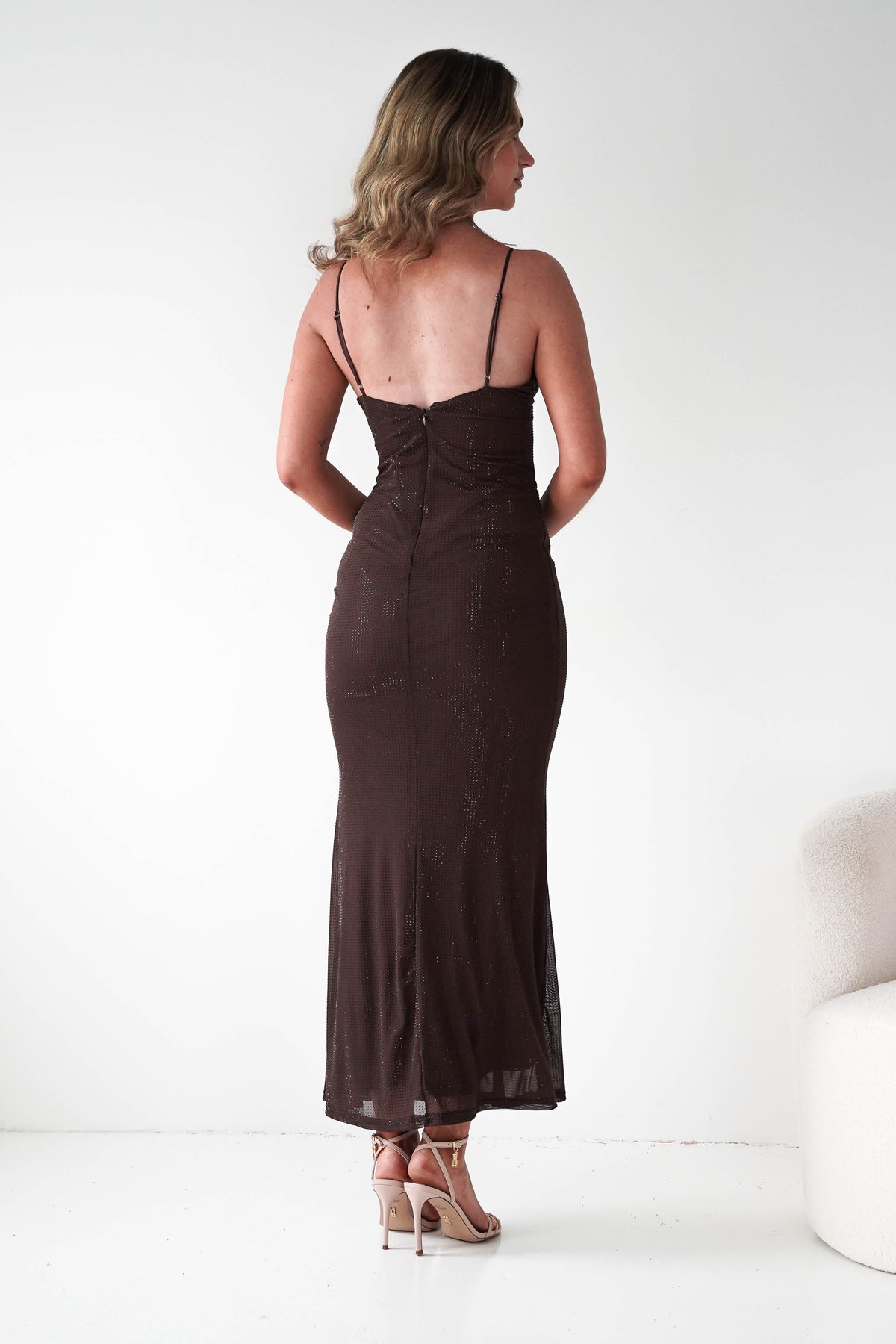 Almarie Diamante Mesh V-Neck Maxi Dress | Brown-Oh Hello Clothing