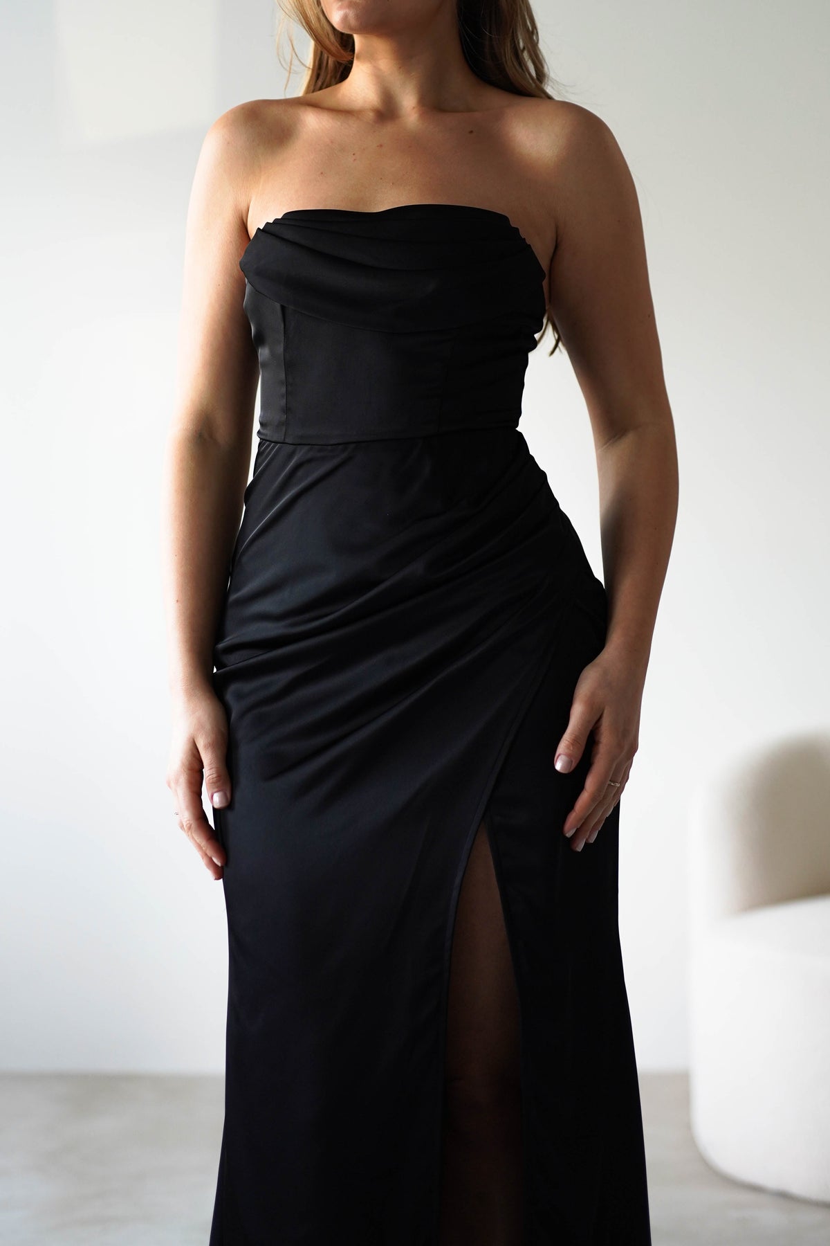 Alyce Soft Satin Strapless Gown | Black-Oh Hello Clothing