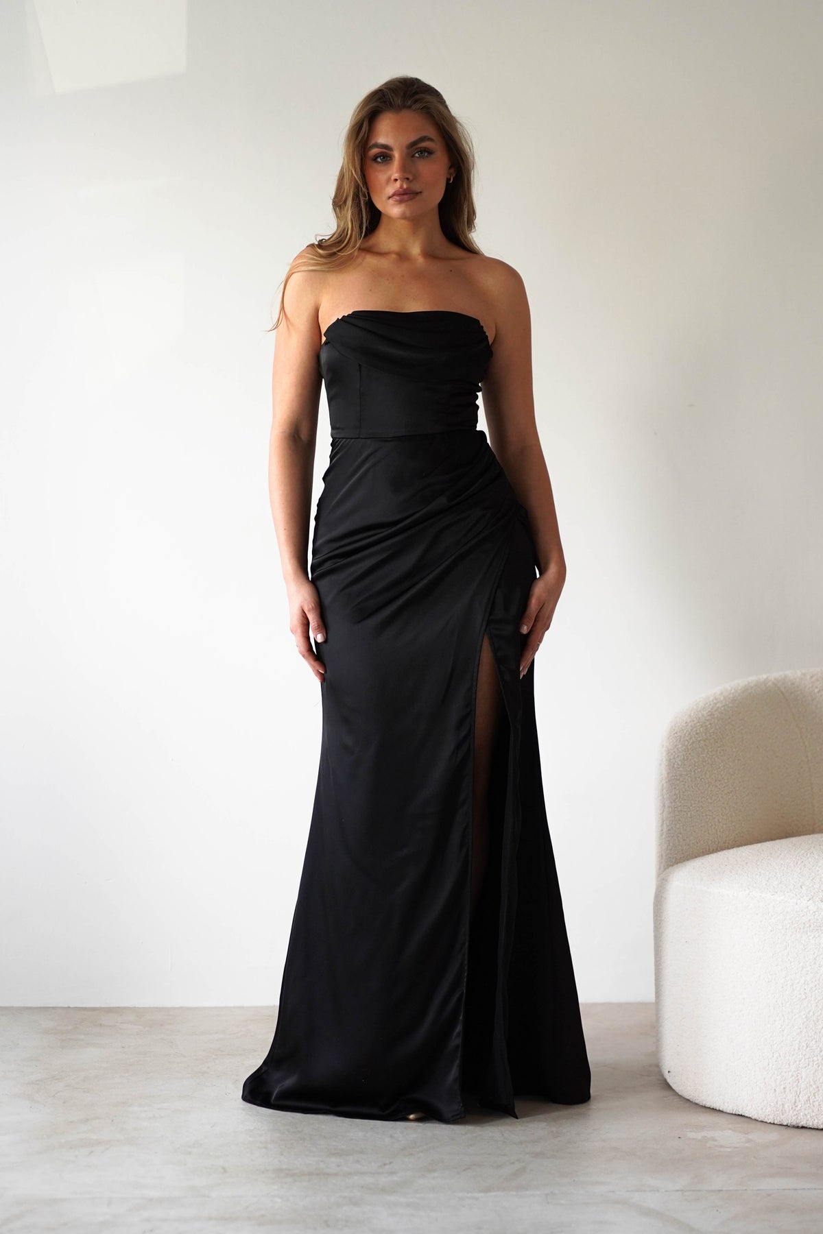 Alyce Soft Satin Strapless Gown | Black-Oh Hello Clothing