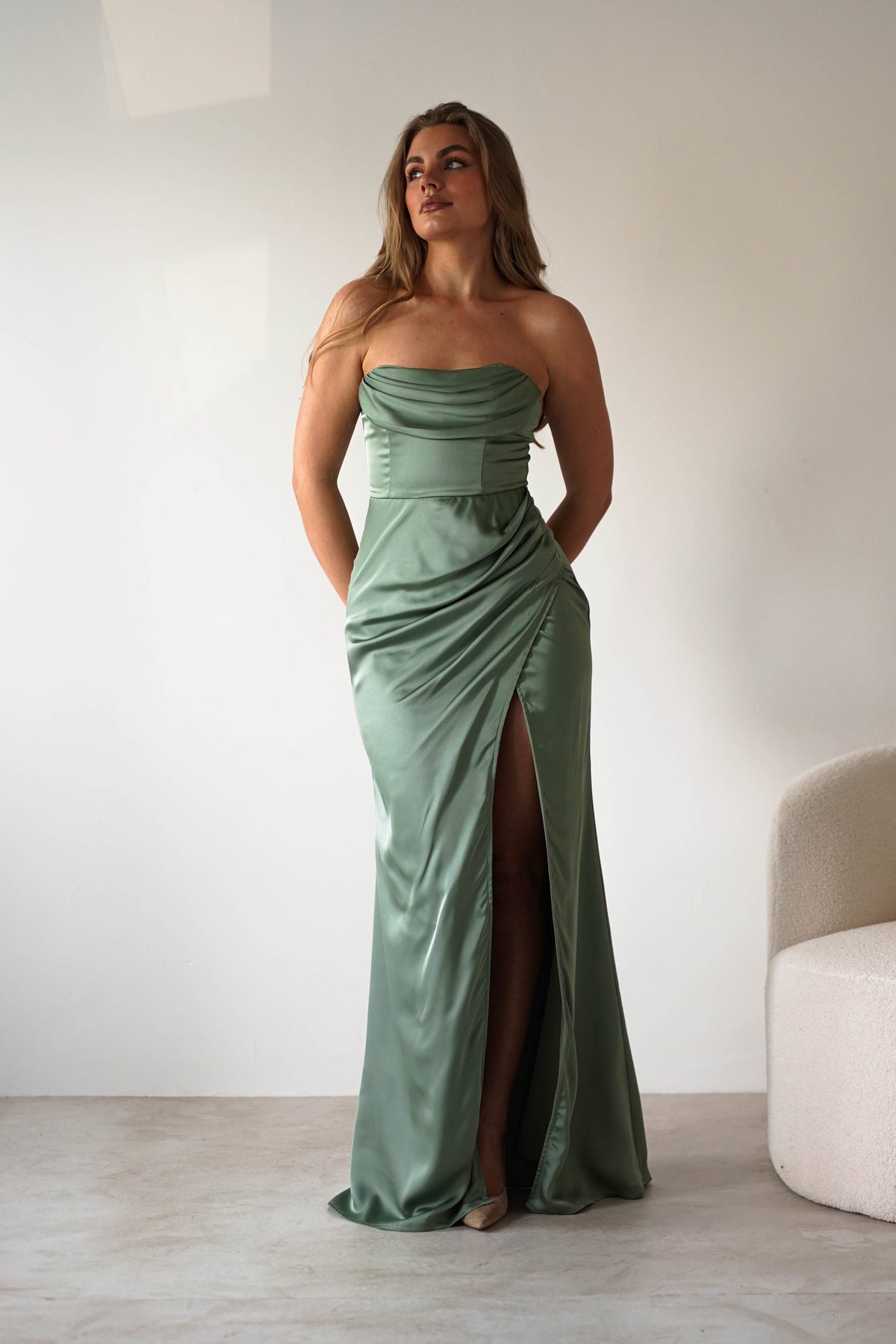 Alyce Soft Satin Strapless Gown | Olive-Oh Hello Clothing