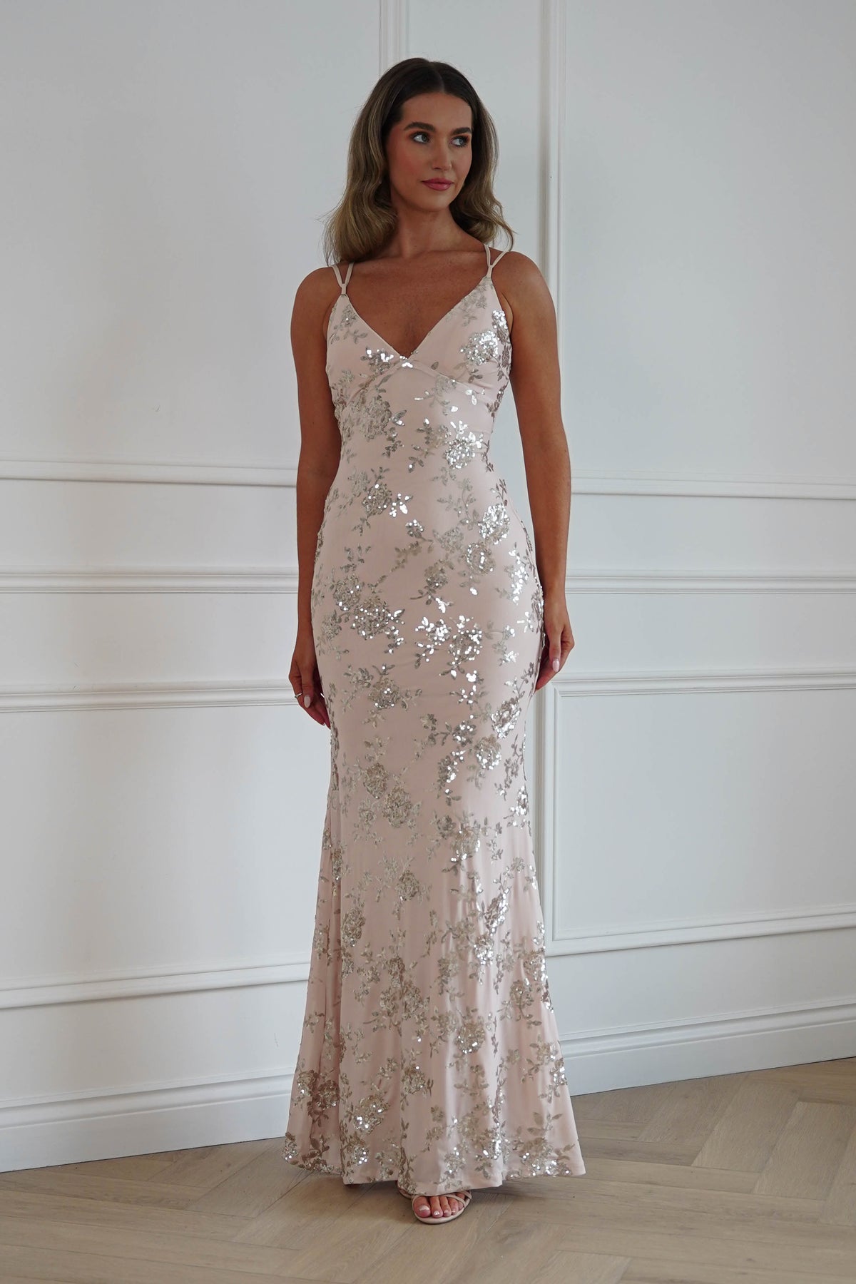 Oh Hello Clothing Dresses > Prom Dresses Andria Floral Sequin Maxi Gown | Champagne