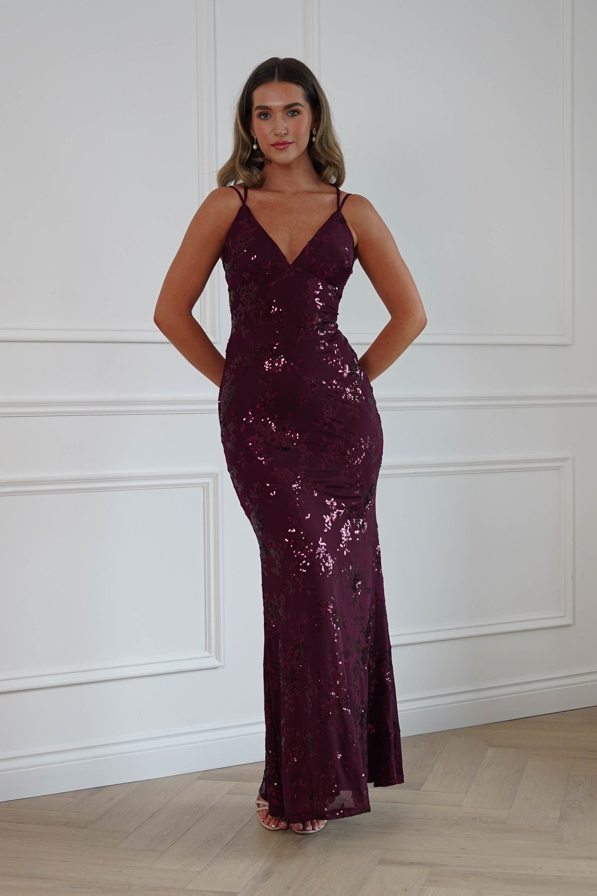Oh Hello Clothing Dresses > Prom Dresses Andria Floral Sequin Maxi Gown | Wine