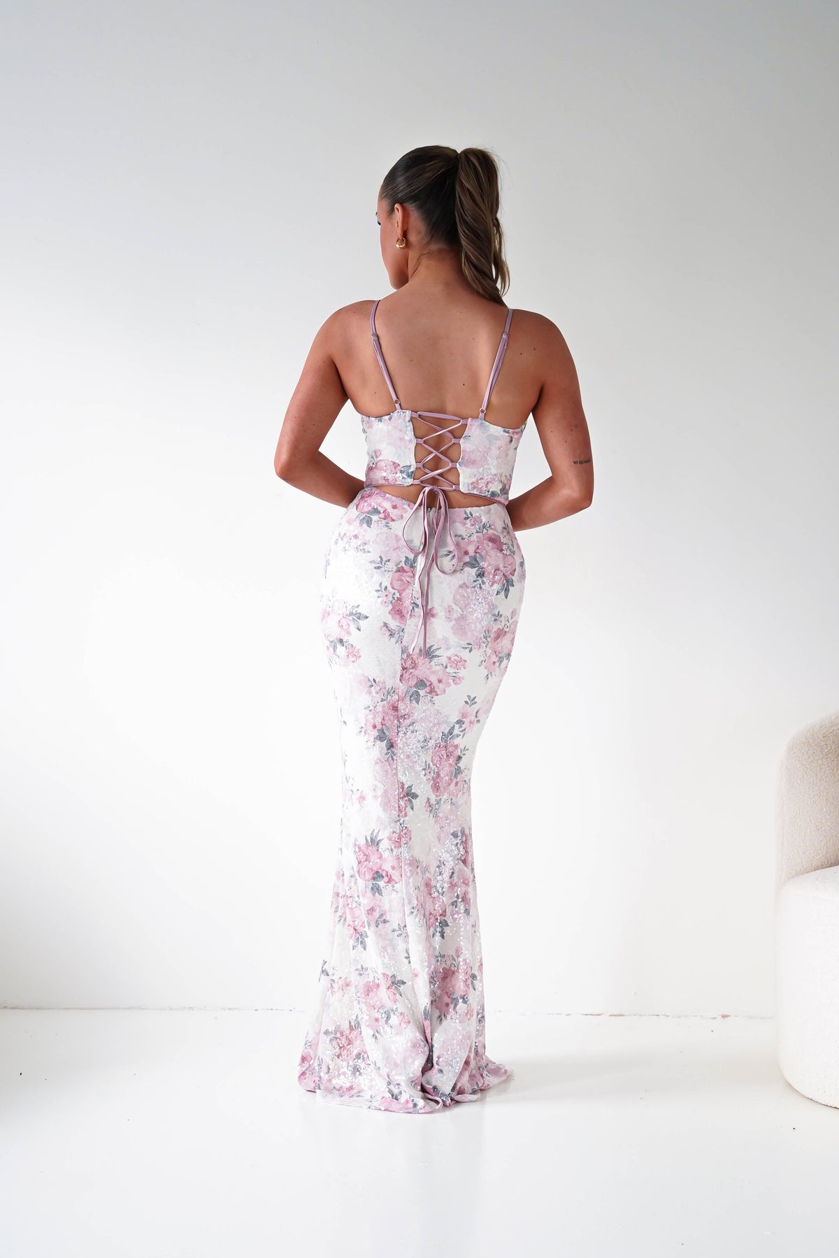 Anessa Floral Sequin Corset Maxi Dress | Beige/Pink-Oh Hello Clothing