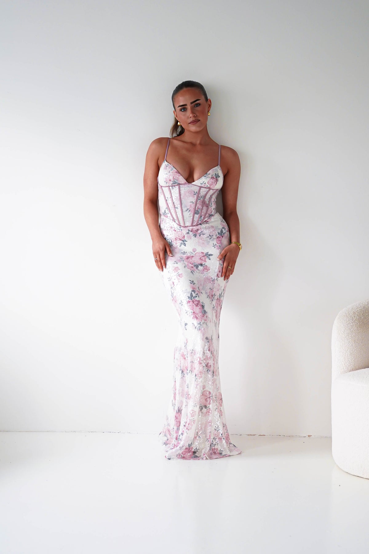 Anessa Floral Sequin Corset Maxi Dress | Beige/Pink-Oh Hello Clothing