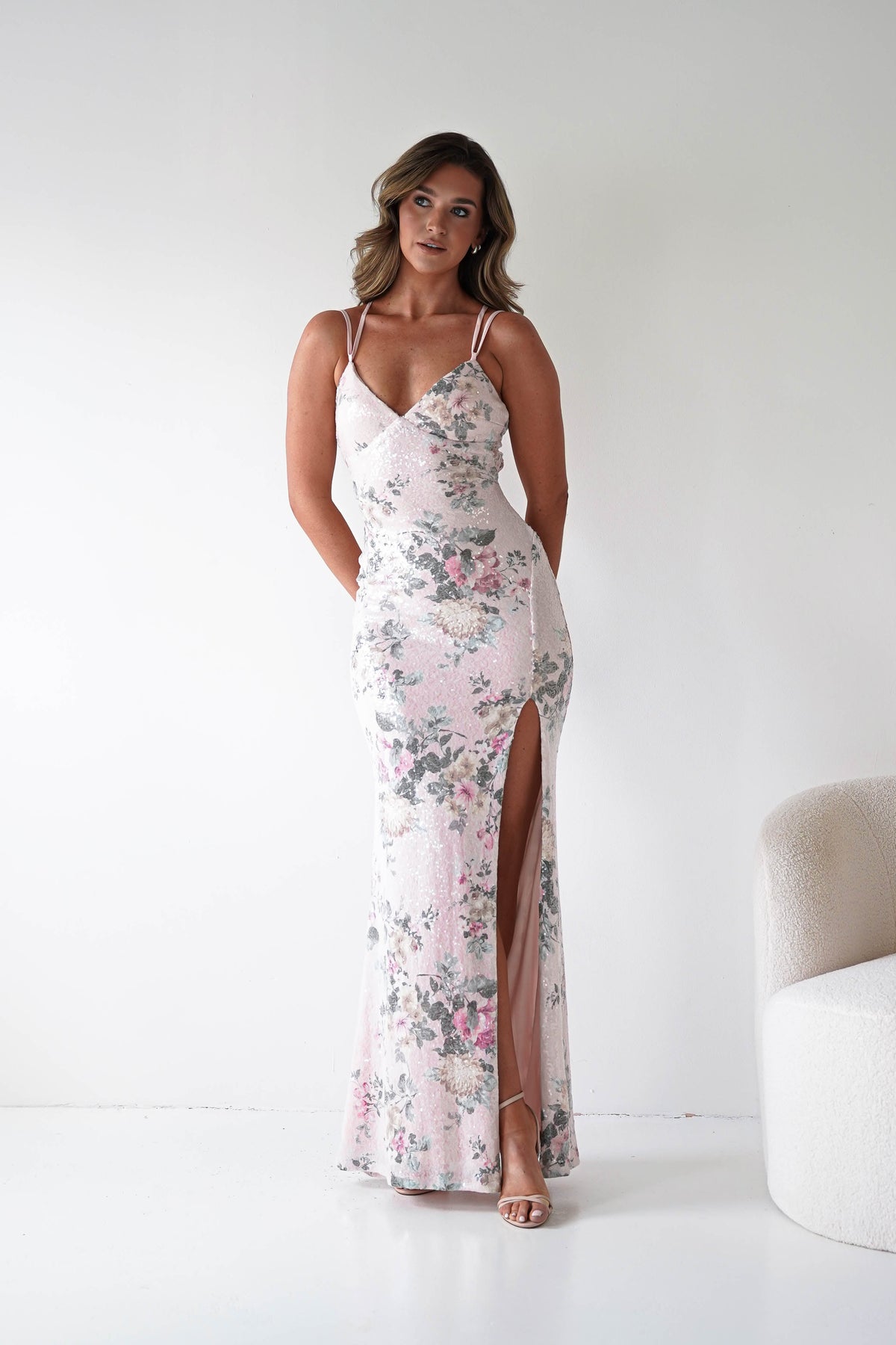 Anglea Floral Sequin Maxi Gown | Blush-Oh Hello Clothing