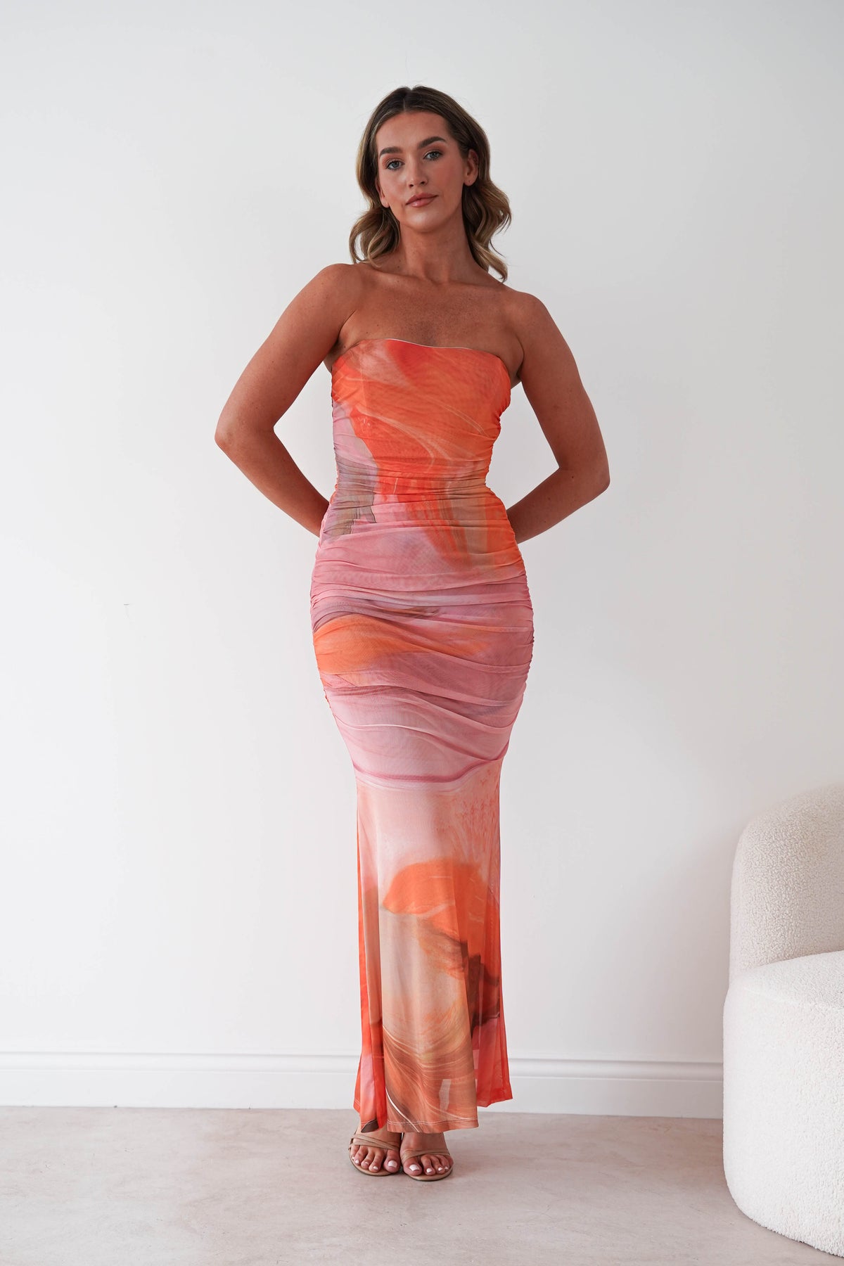Anneka Strapless Mesh Bodycon Maxi Dress | Orange-Oh Hello Clothing
