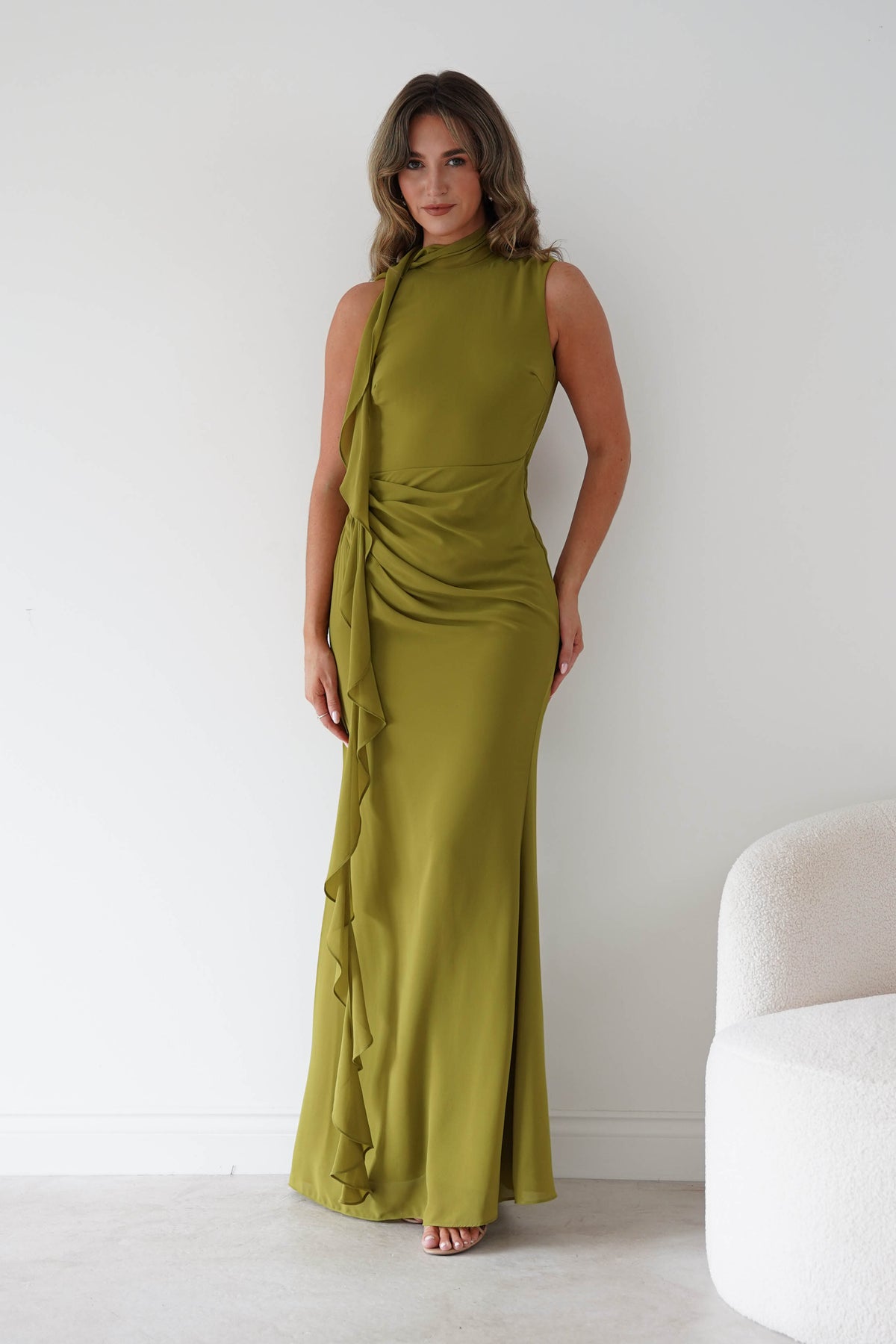 Aoife Draped Rosette Maxi Dress | Chartreuse Green-Oh Hello Clothing