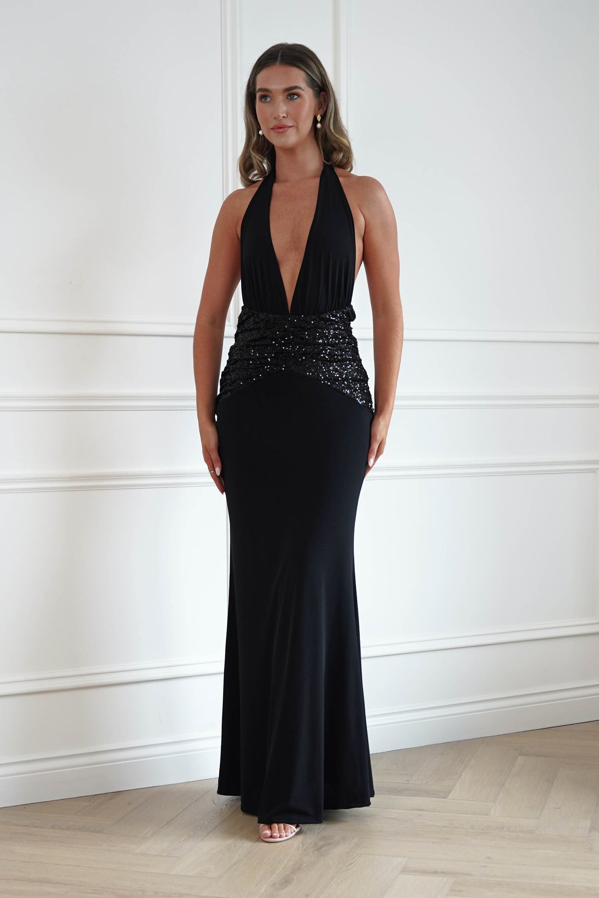 Oh Hello Clothing Women > Clothing > Dresses Aribella Plunge Halternect Sequin Maxi Dress | Black