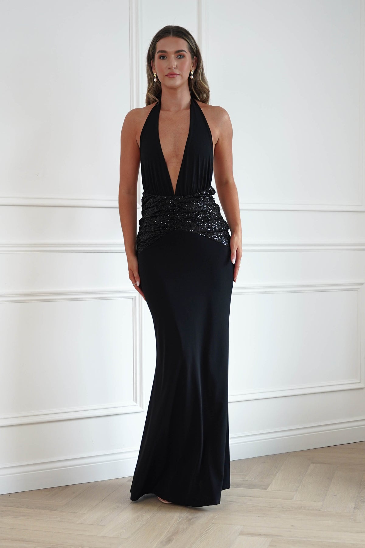 Oh Hello Clothing Women > Clothing > Dresses Aribella Plunge Halternect Sequin Maxi Dress | Black