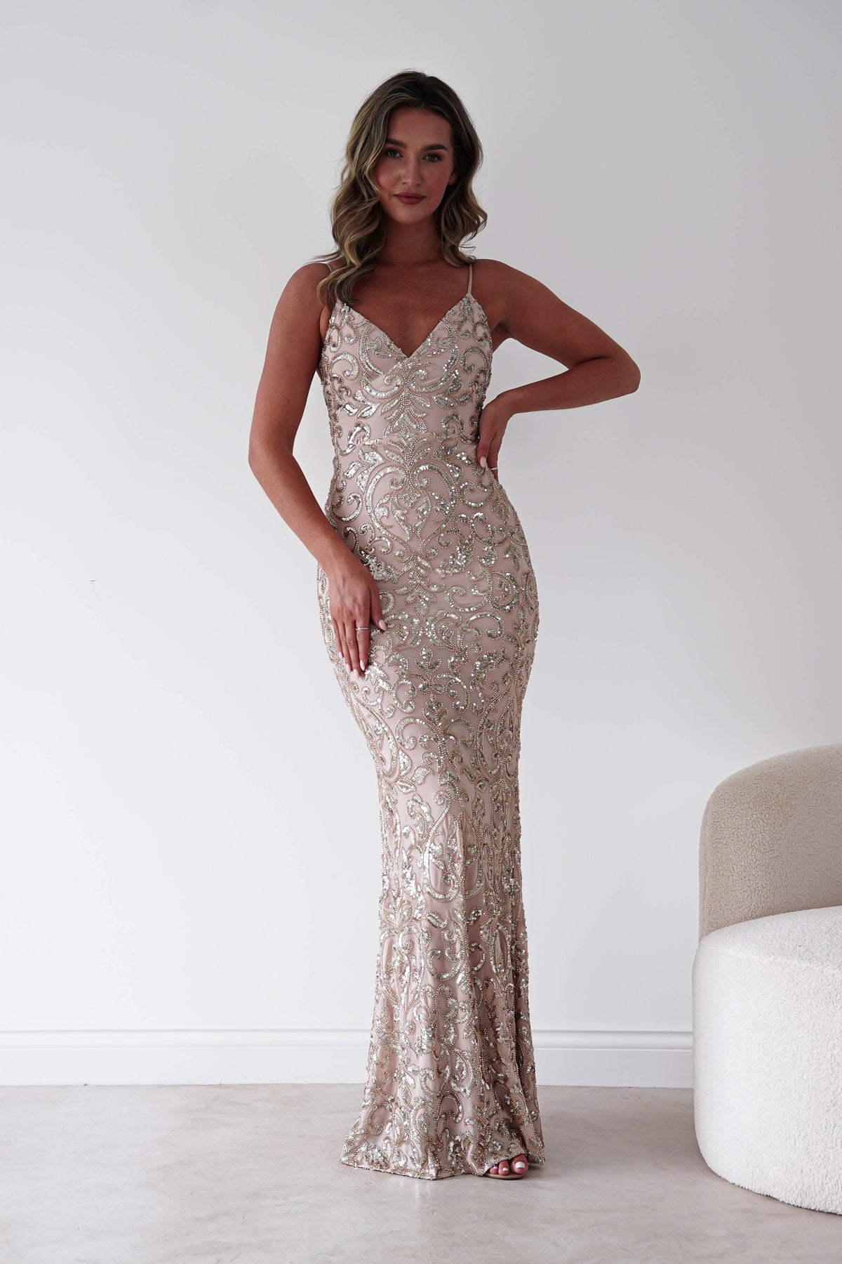 Aster Iridescent Beaded Embellished Gown | Gold-Oh Hello Clothing