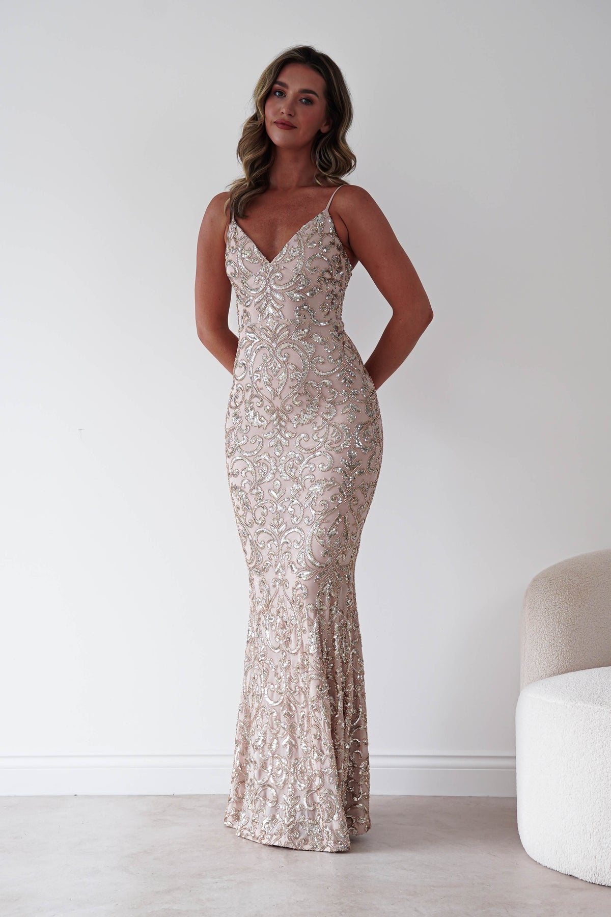 Aster Iridescent Beaded Embellished Gown | Gold-Oh Hello Clothing