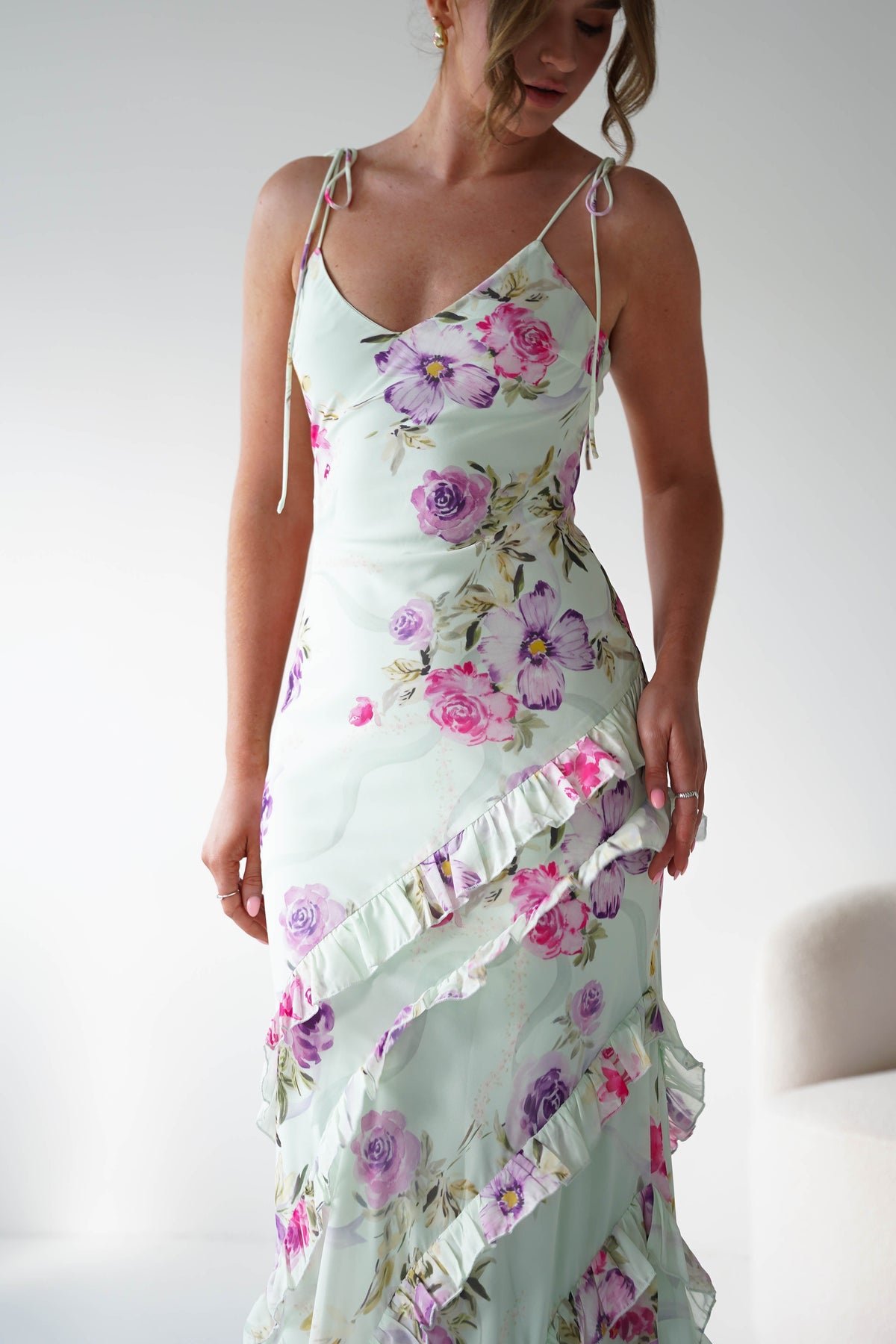 Athena Ruffle Floral Print Maxi | Mint Green-Oh Hello Clothing