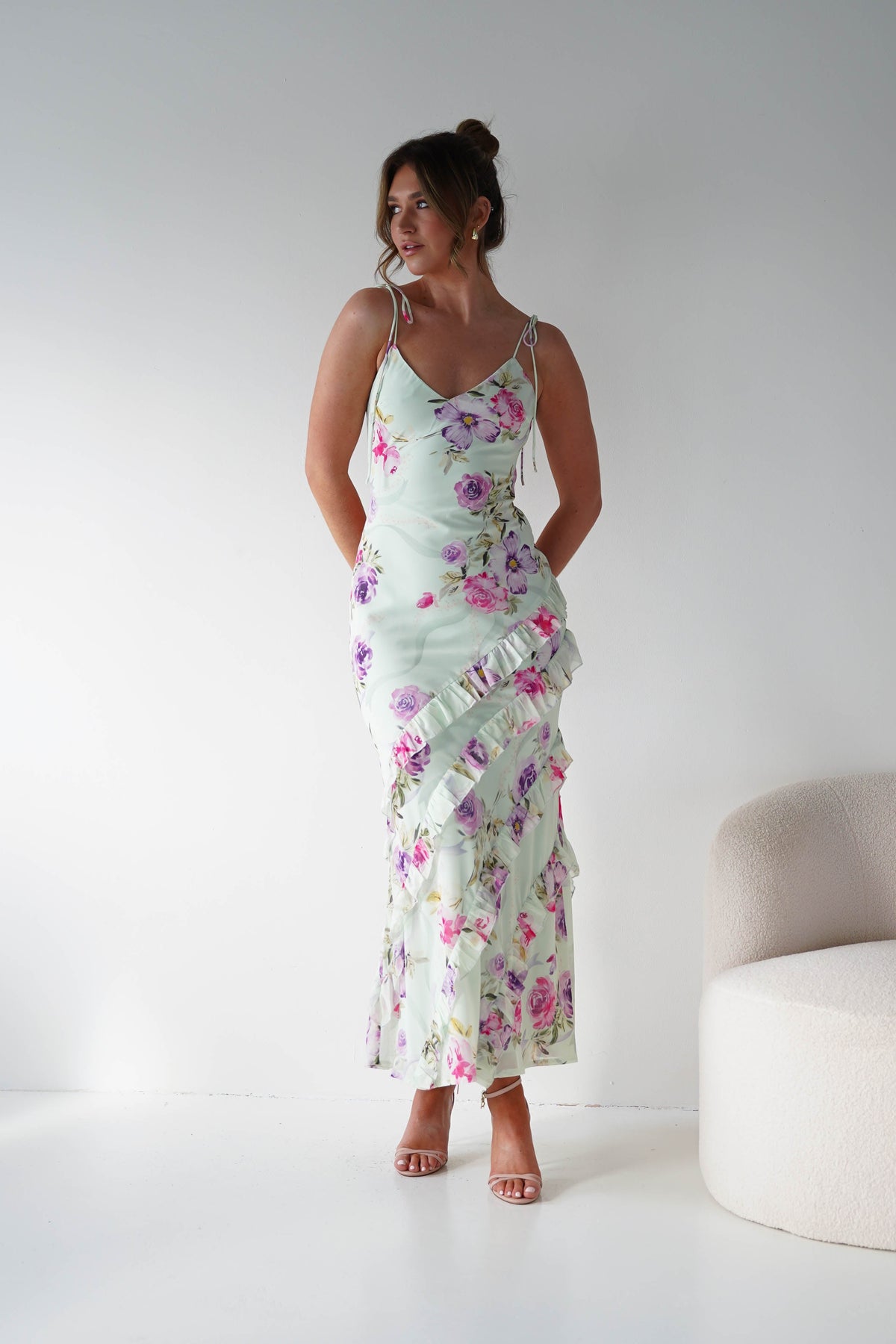 Athena Ruffle Floral Print Maxi | Mint Green-Oh Hello Clothing