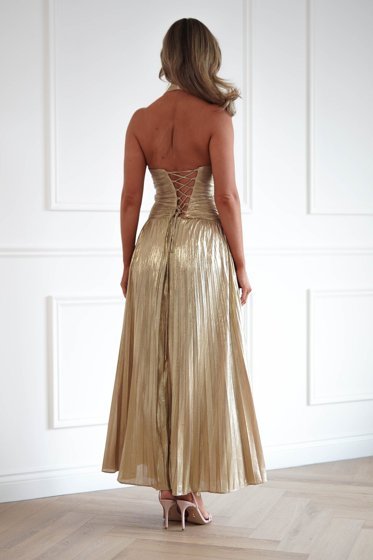 Oh Hello Clothing Women > Clothing > Dresses Aurelia Pleated Halterneck Maxi Gown | Champagne Gold