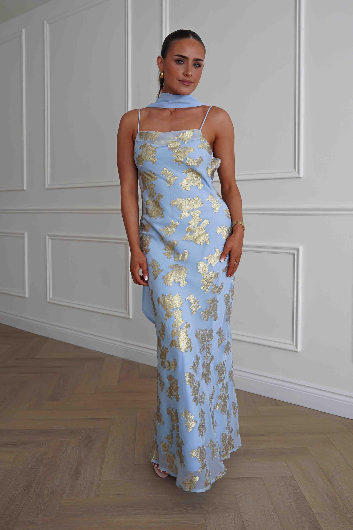 Auria Gold Textured Floral Applique Maxi Dress | Blue-Oh Hello Clothing