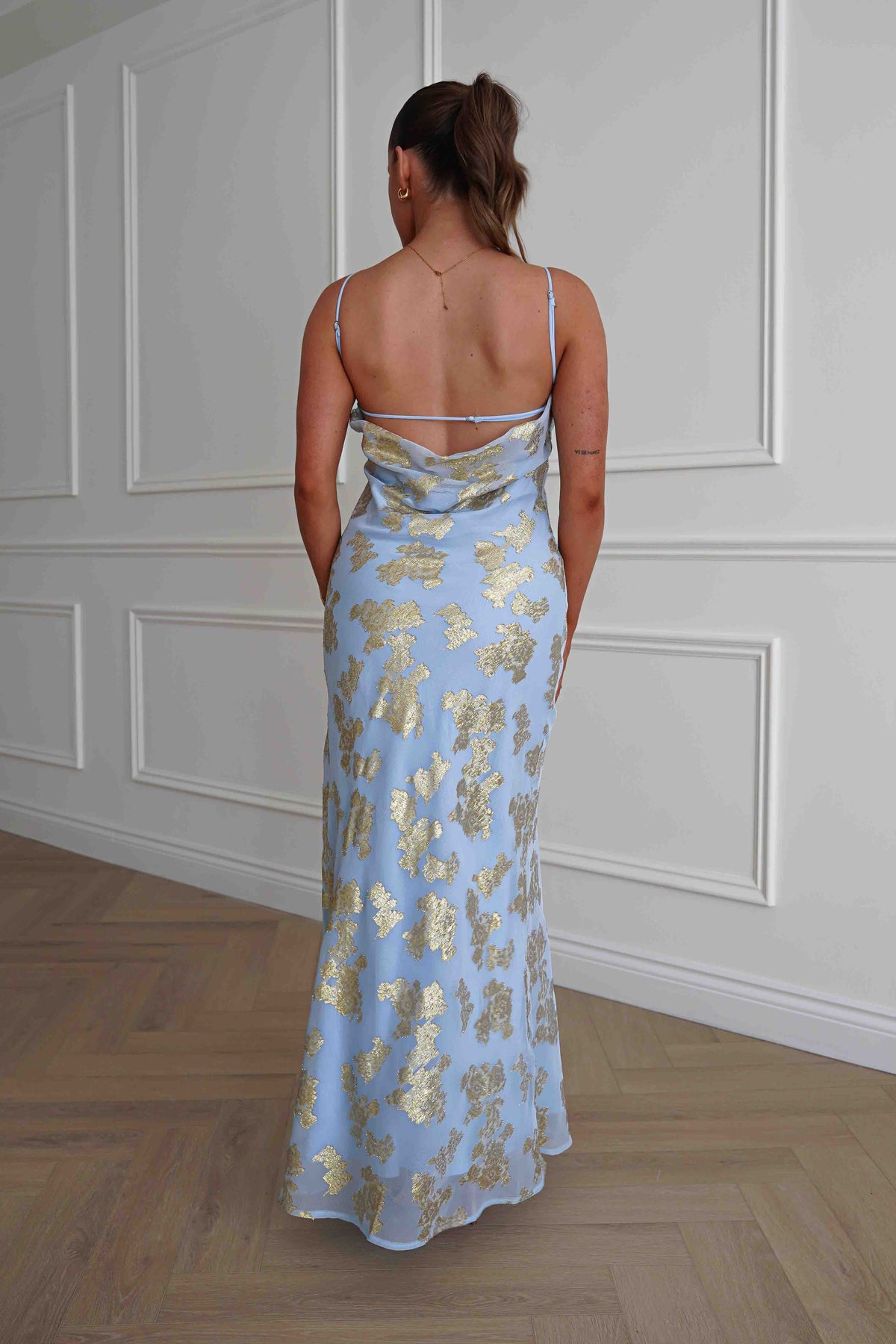 Auria Gold Textured Floral Applique Maxi Dress | Blue-Oh Hello Clothing