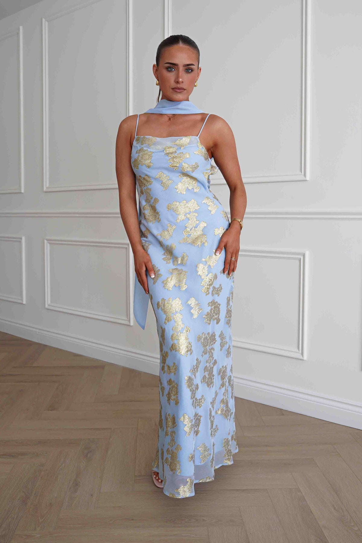 Auria Gold Textured Floral Applique Maxi Dress | Blue-Oh Hello Clothing
