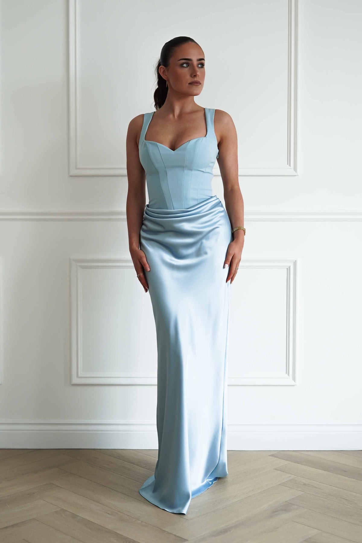 Avery Ruched Sweetheart Satin Maxi Dress | Blue-Oh Hello Clothing