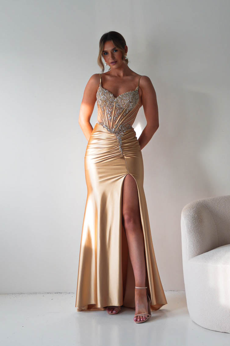 Becca Embellished Corset Evening Gown | Gold-Oh Hello Clothing