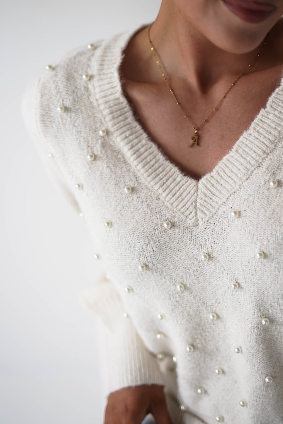 Becci Pearl Detail V-Neck Knit Jumper | Cream-Oh Hello Clothing