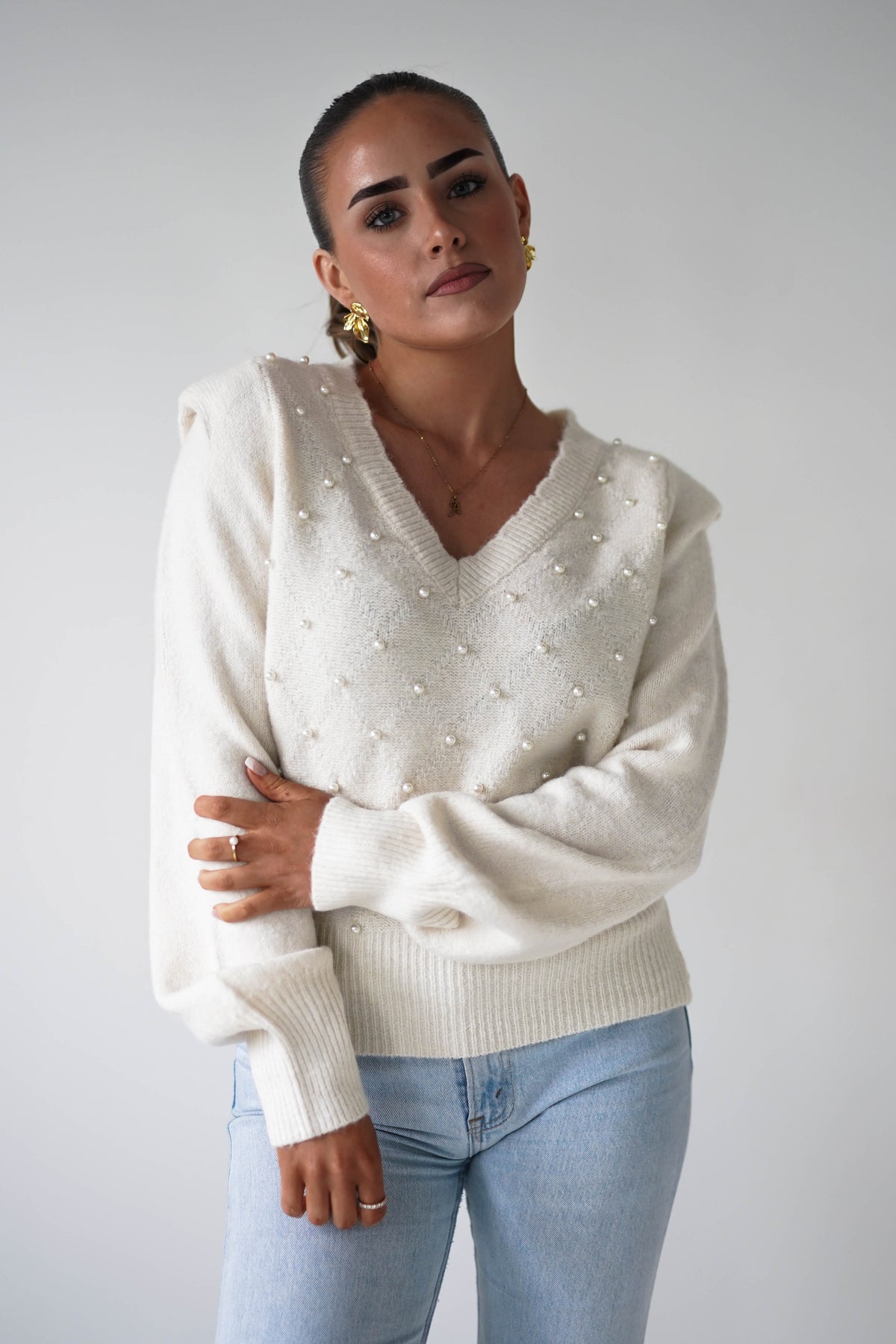 Becci Pearl Detail V-Neck Knit Jumper | Cream-Oh Hello Clothing