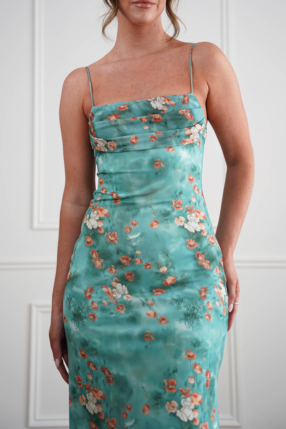Belara Cowl Neck Slip Printed Midi Dress | Green-Oh Hello Clothing