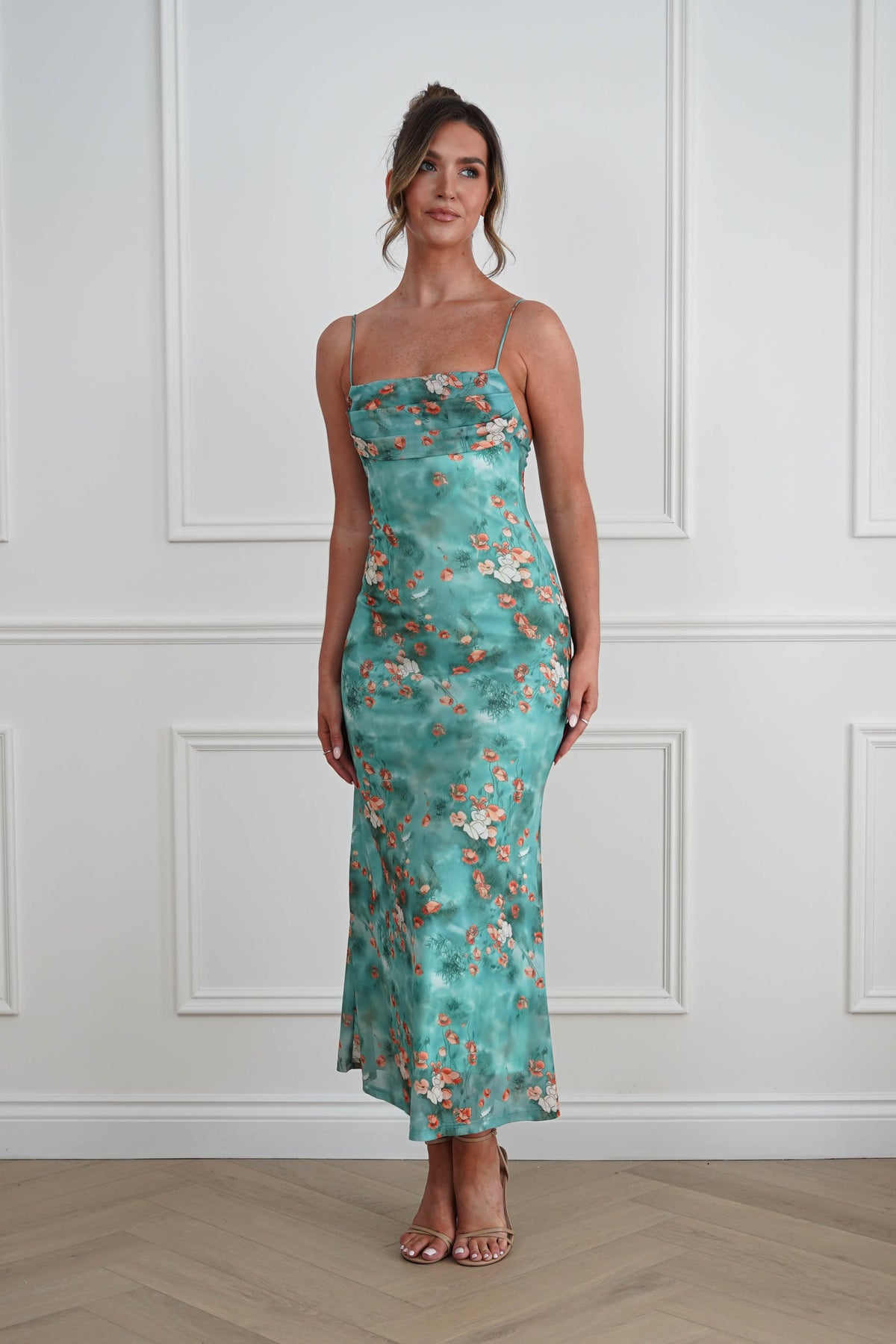 Belara Cowl Neck Slip Printed Midi Dress | Green-Oh Hello Clothing