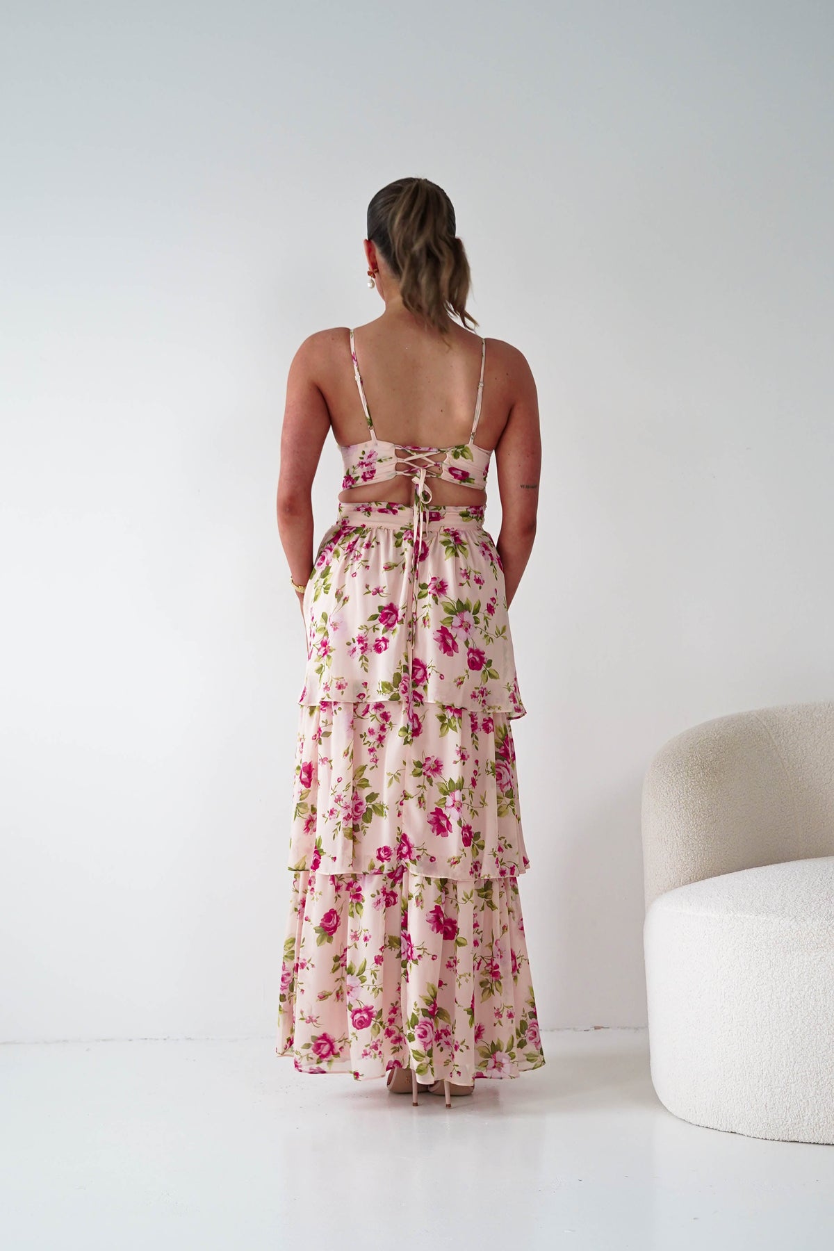 Bella Rose Print Lace-Up Tiered Maxi Dress | Peach-Oh Hello Clothing