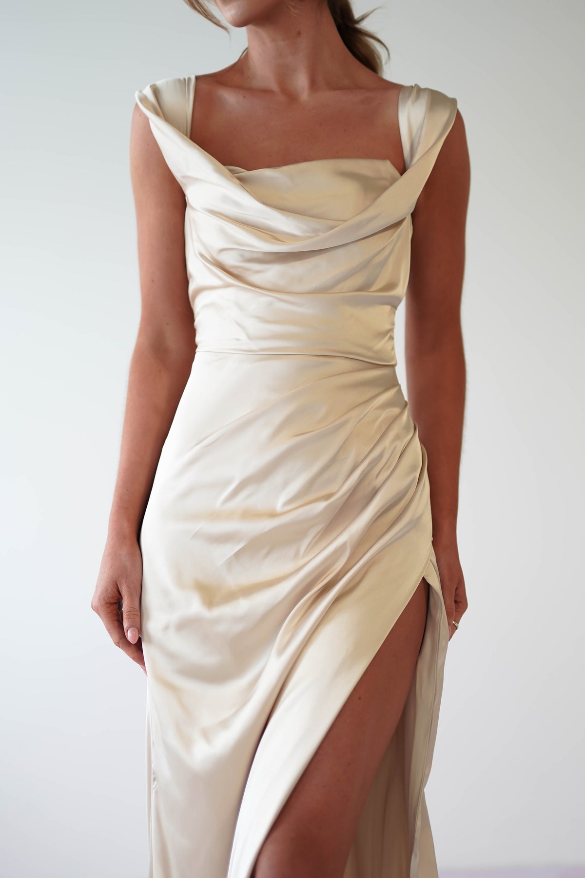 Beth Draped Silky Satin Gown | Champagne-Oh Hello Clothing