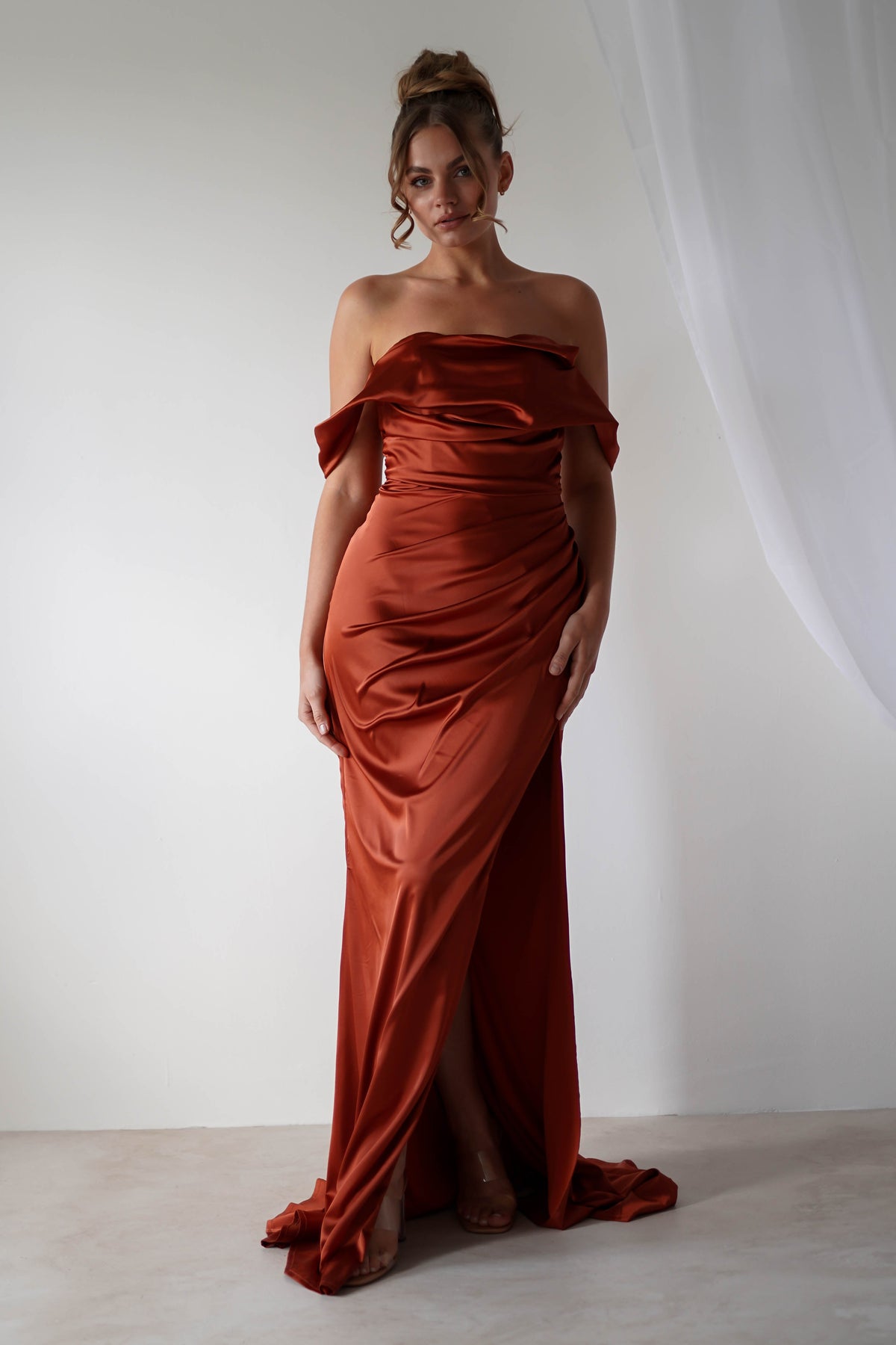 Beth Draped Silky Satin Gown | Rust-Oh Hello Clothing