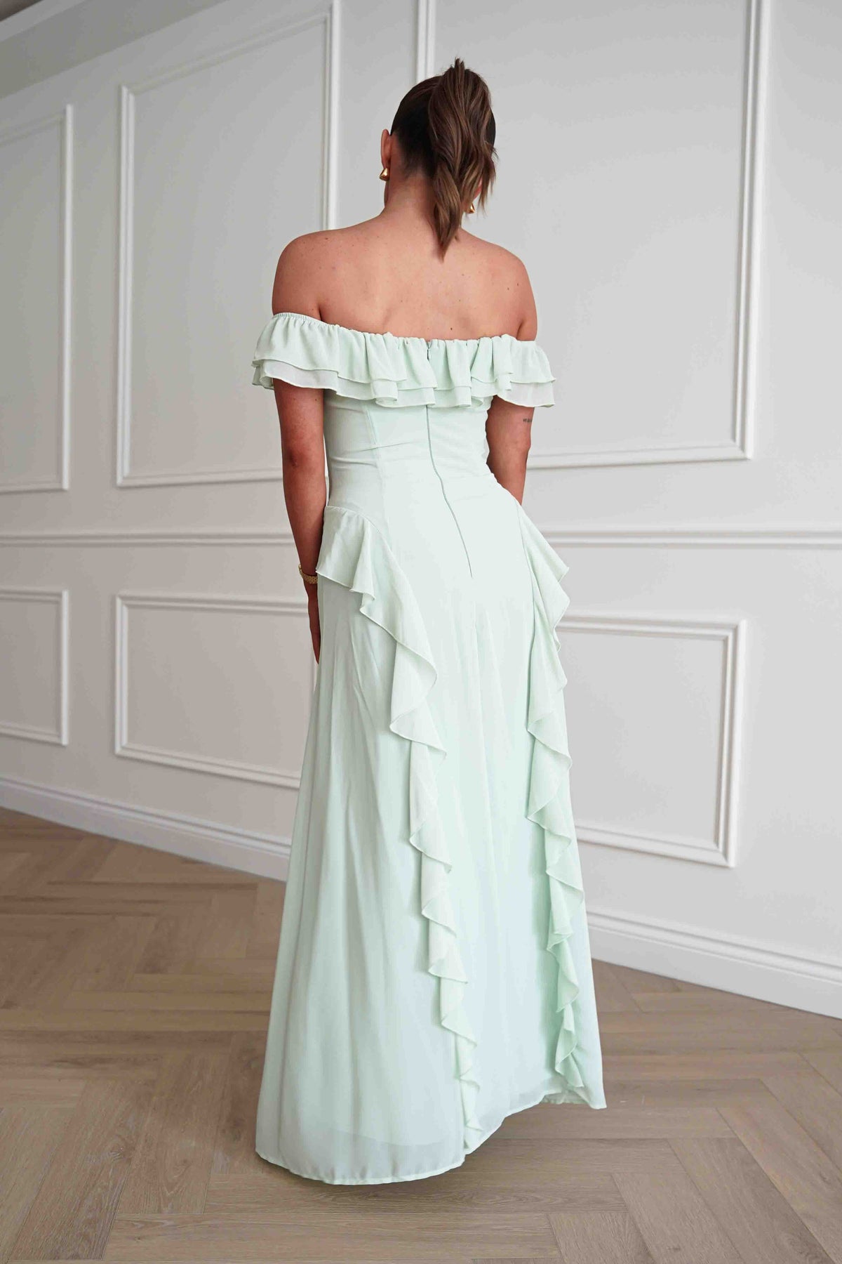 Billy Ruffle Detail Bardot Maxi Dress | Sage Green-Oh Hello Clothing