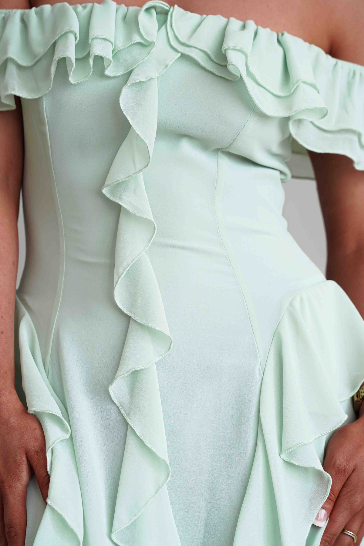 Billy Ruffle Detail Bardot Maxi Dress | Sage Green-Oh Hello Clothing