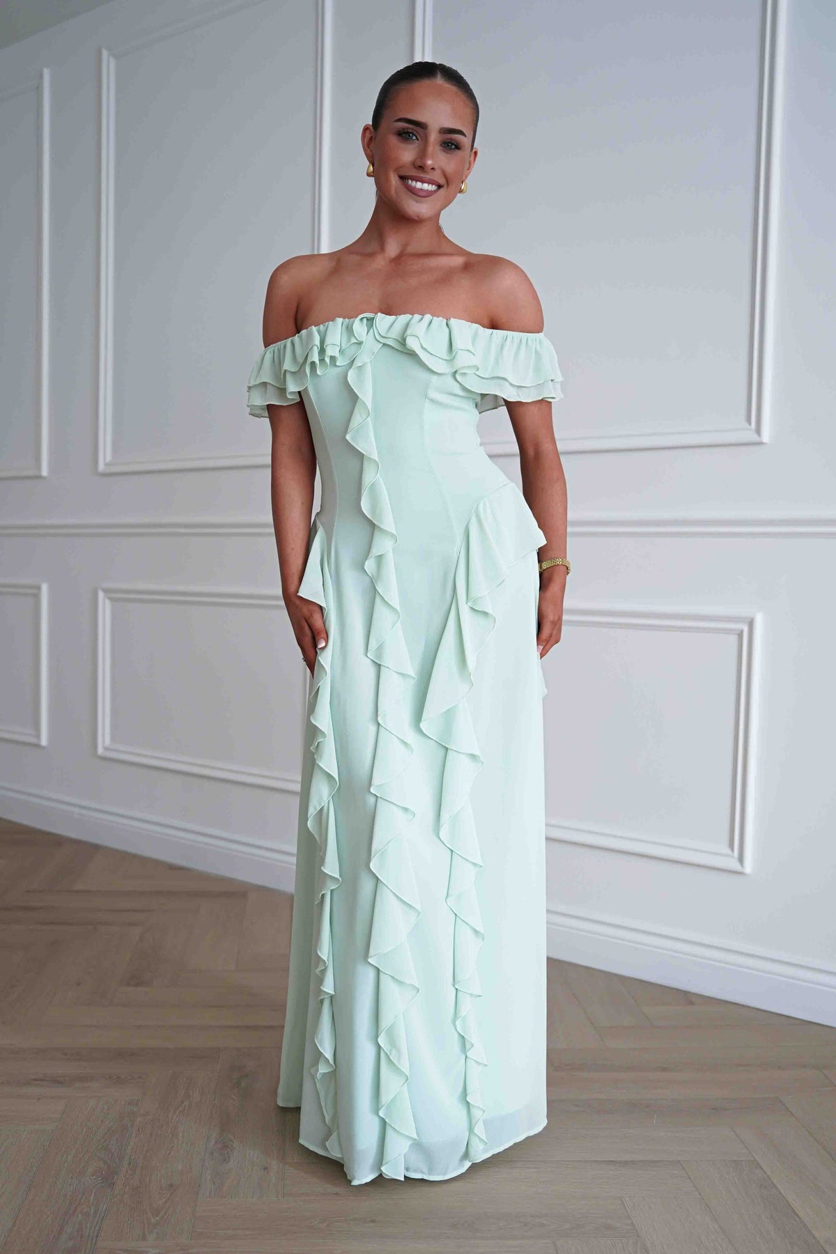 Billy Ruffle Detail Bardot Maxi Dress | Sage Green-Oh Hello Clothing