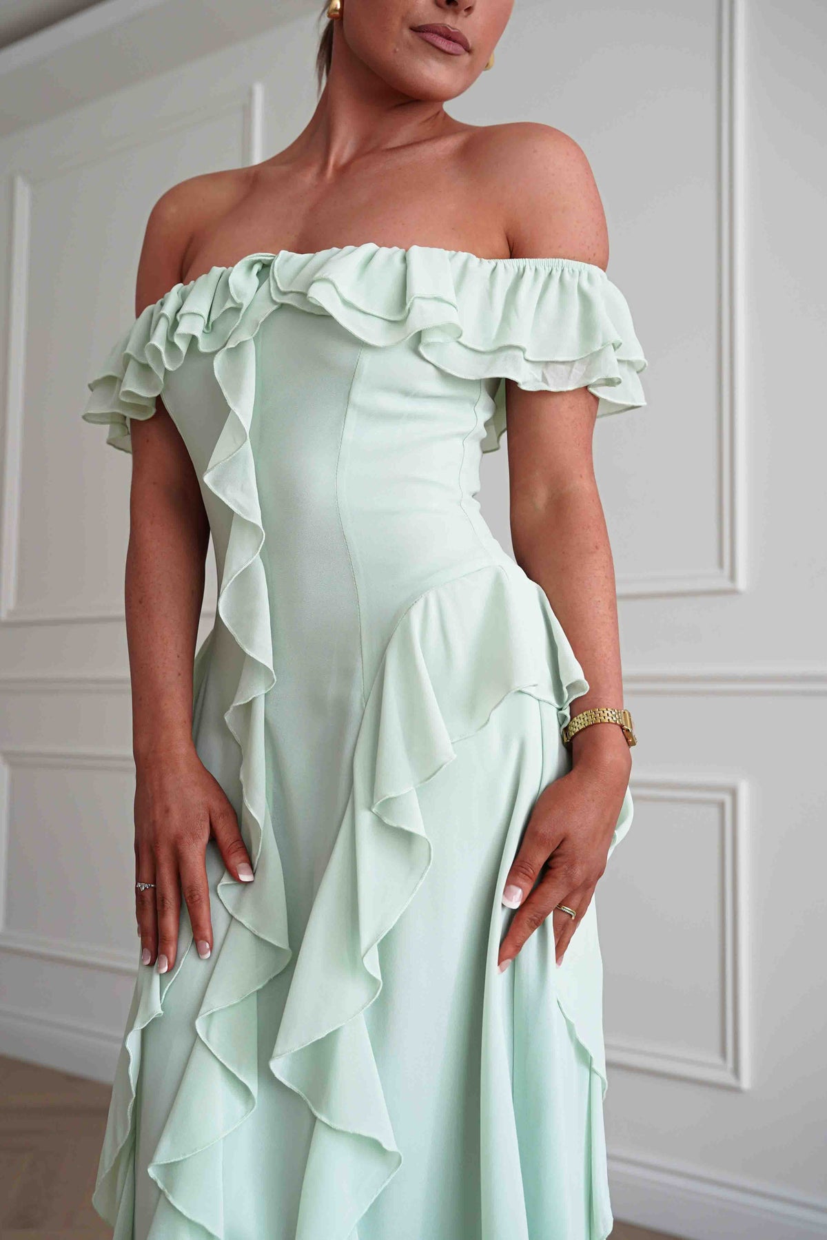 Billy Ruffle Detail Bardot Maxi Dress | Sage Green-Oh Hello Clothing