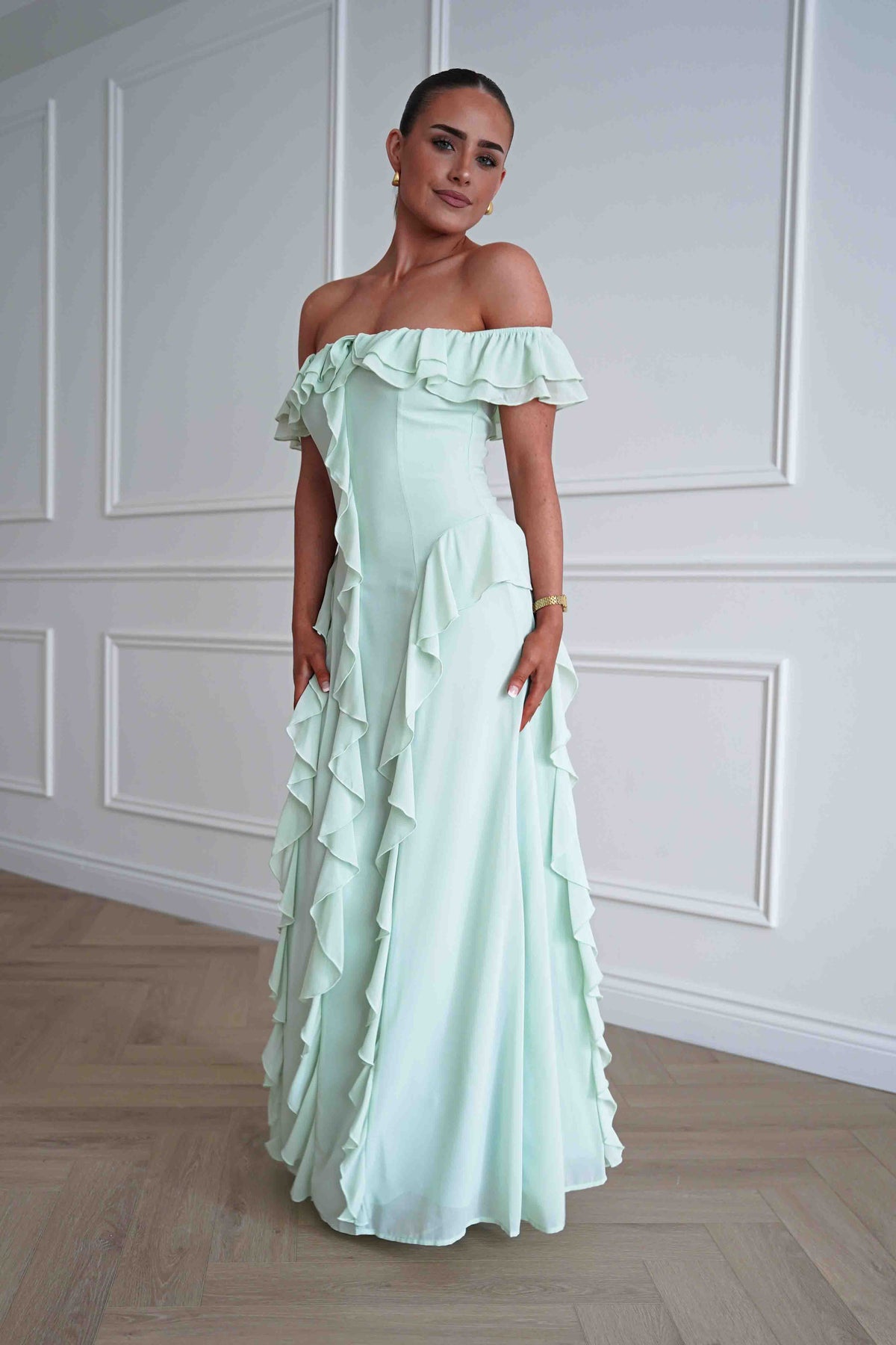 Billy Ruffle Detail Bardot Maxi Dress | Sage Green-Oh Hello Clothing