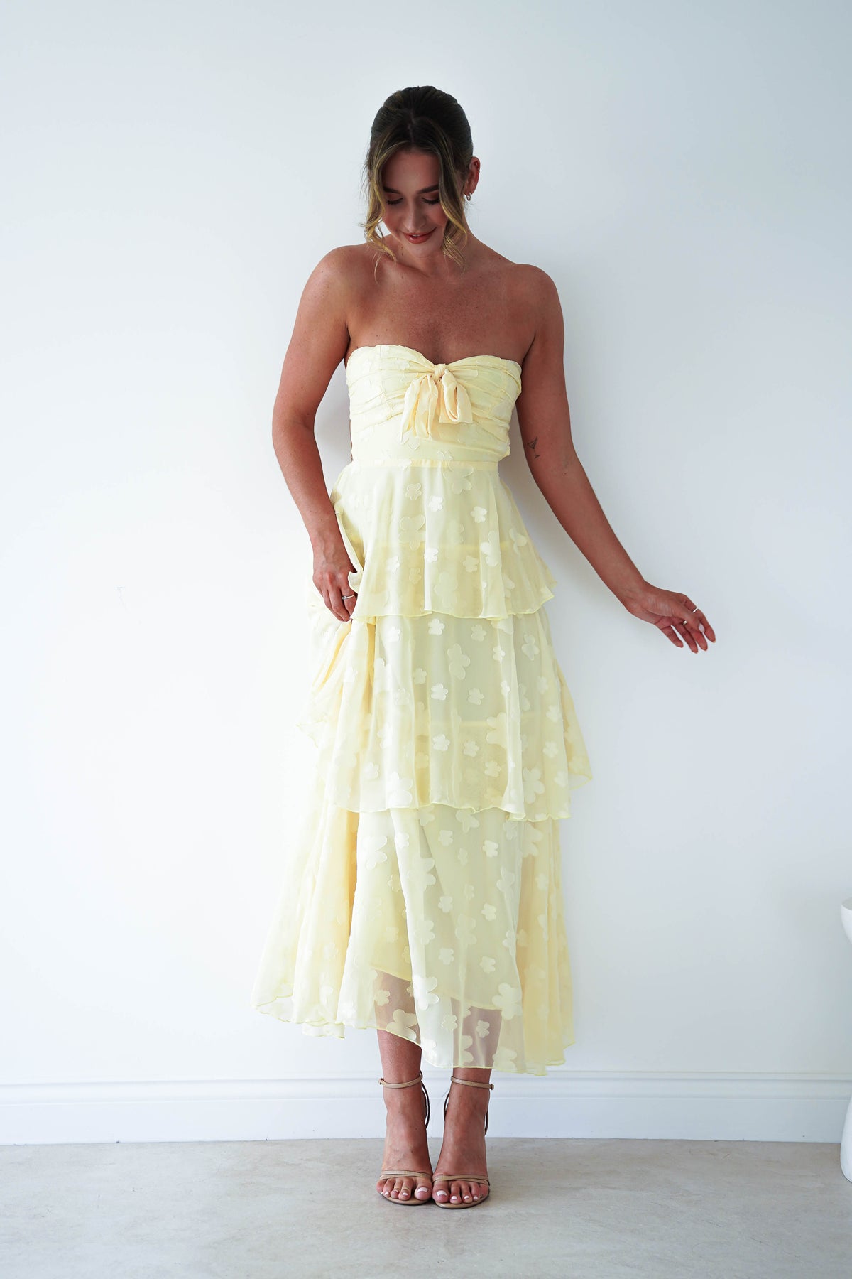 Brailey Strapless Floral Embossed Maxi Dress | Yellow-Oh Hello Clothing