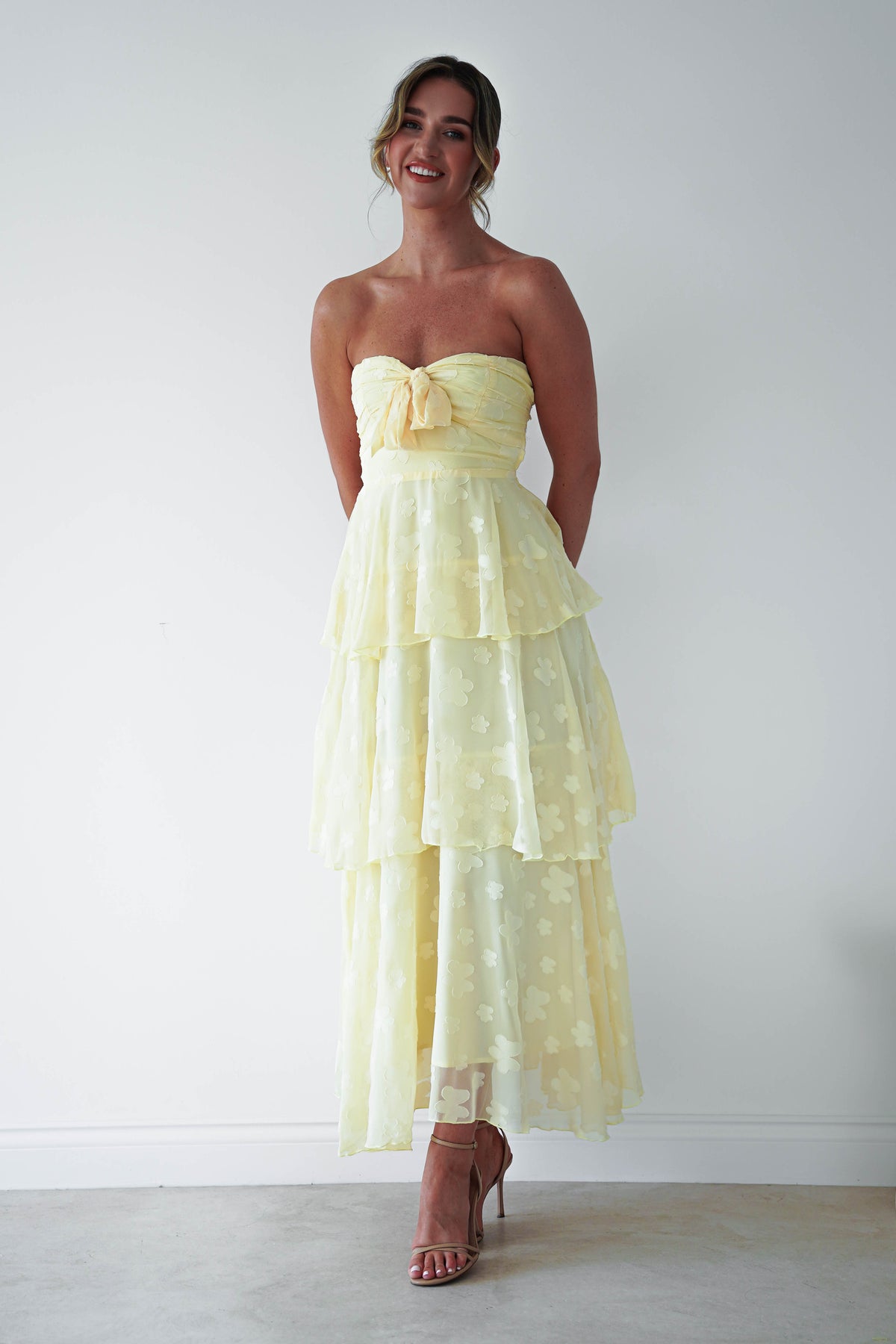 Brailey Strapless Floral Embossed Maxi Dress | Yellow-Oh Hello Clothing