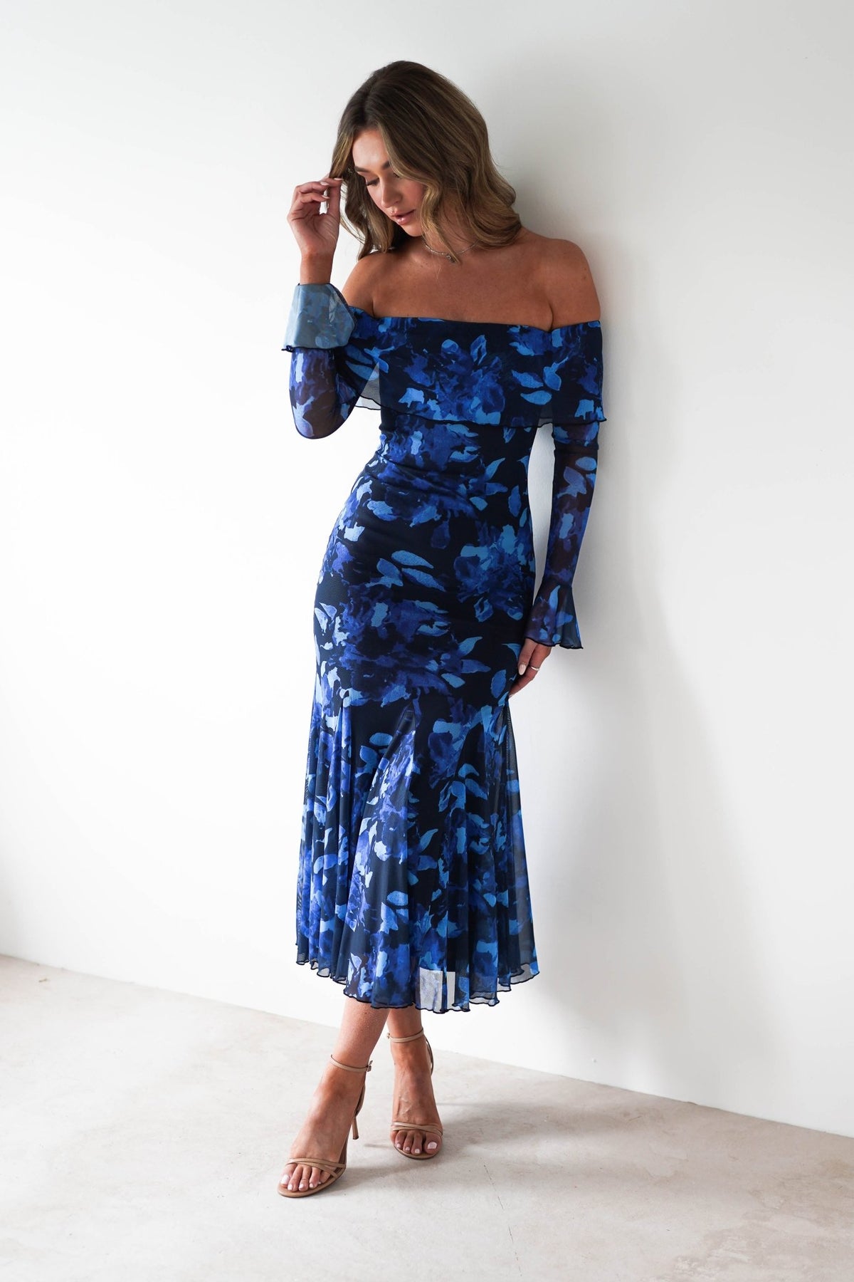 Bryanna Long Sleeve Mesh Maxi Dress | Blue Floral-Oh Hello Clothing