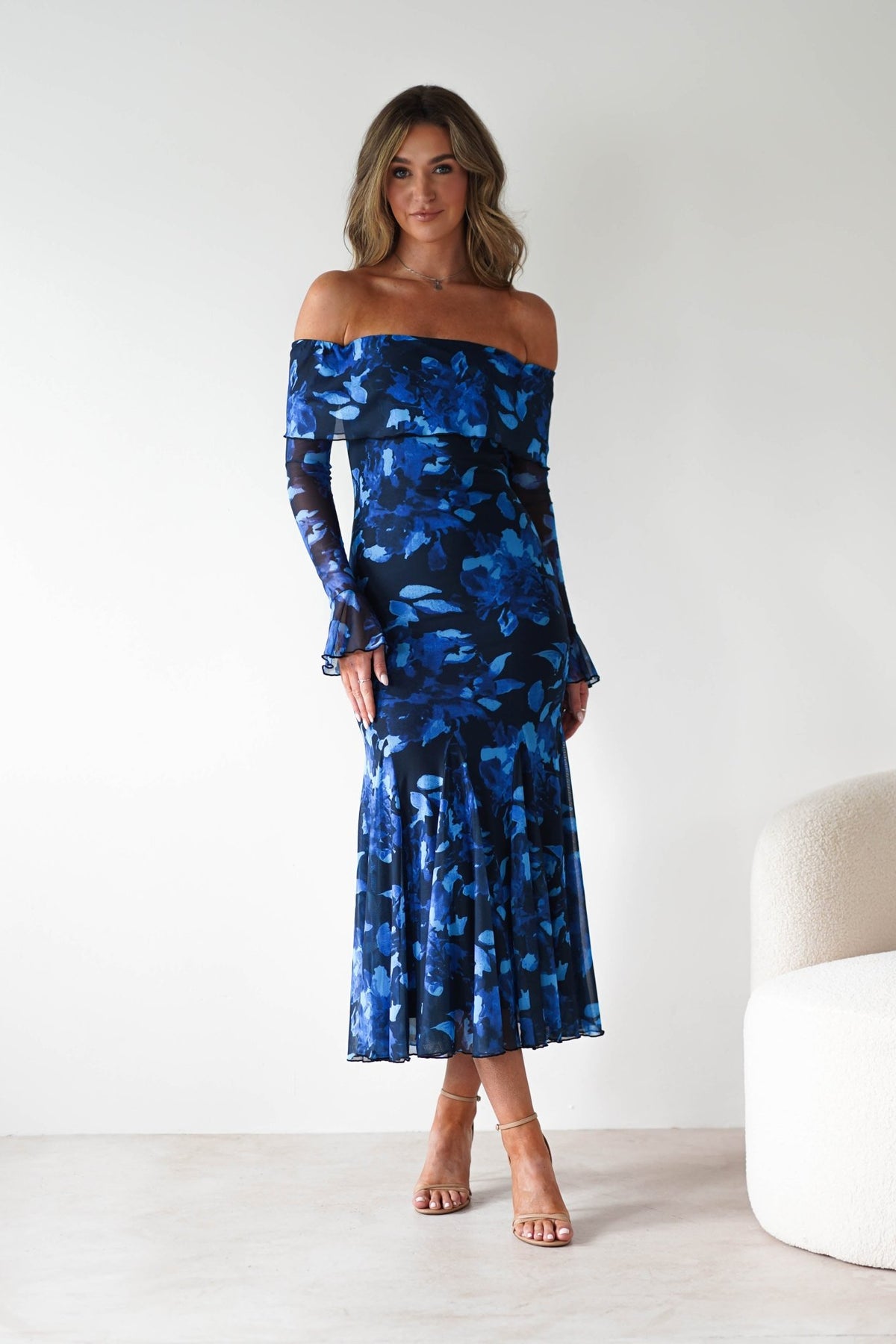 Bryanna Long Sleeve Mesh Maxi Dress | Blue Floral-Oh Hello Clothing