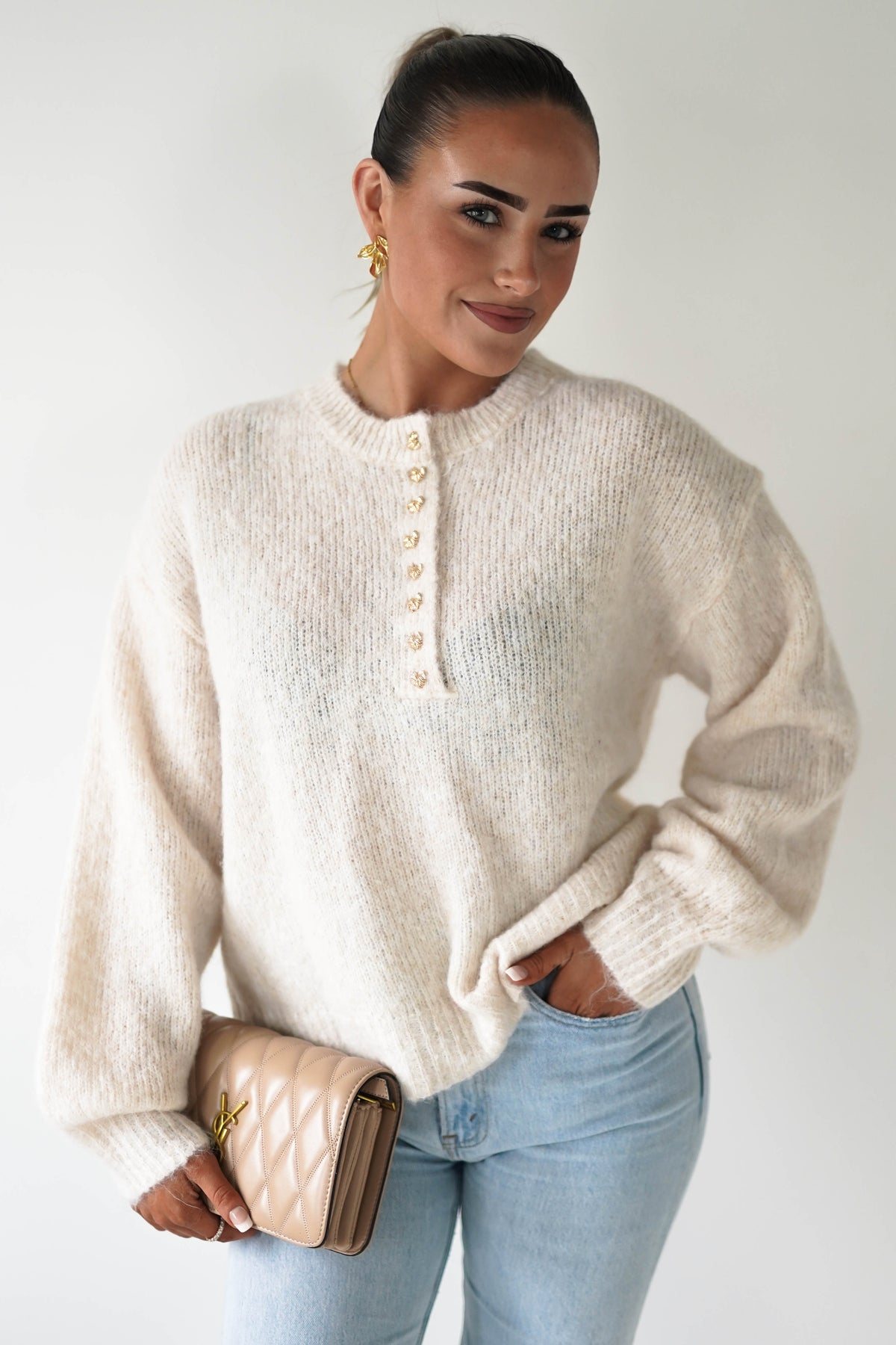 Calix Button Detail Knit Jumper | Beige-Oh Hello Clothing
