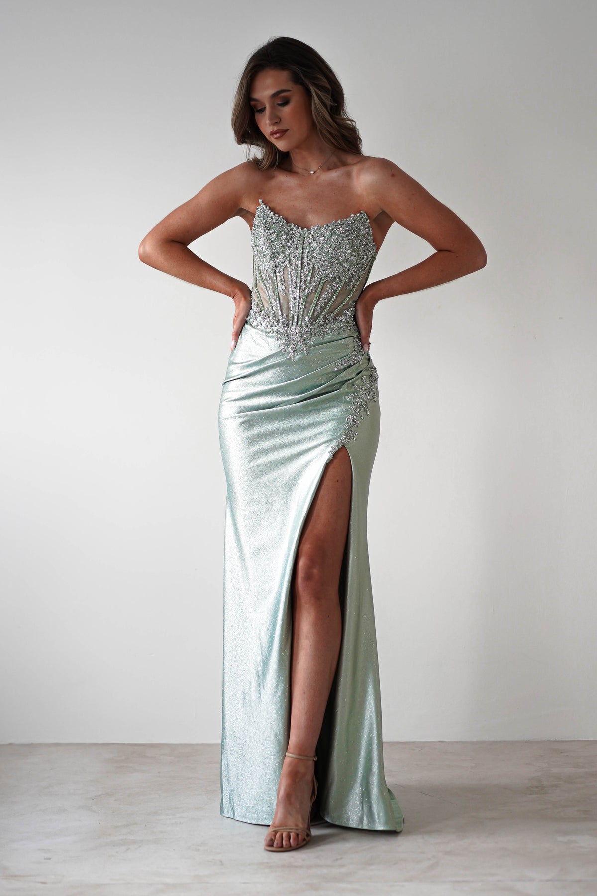 Caspian Embellished Bodycon Gown | Light Green-Oh Hello Clothing