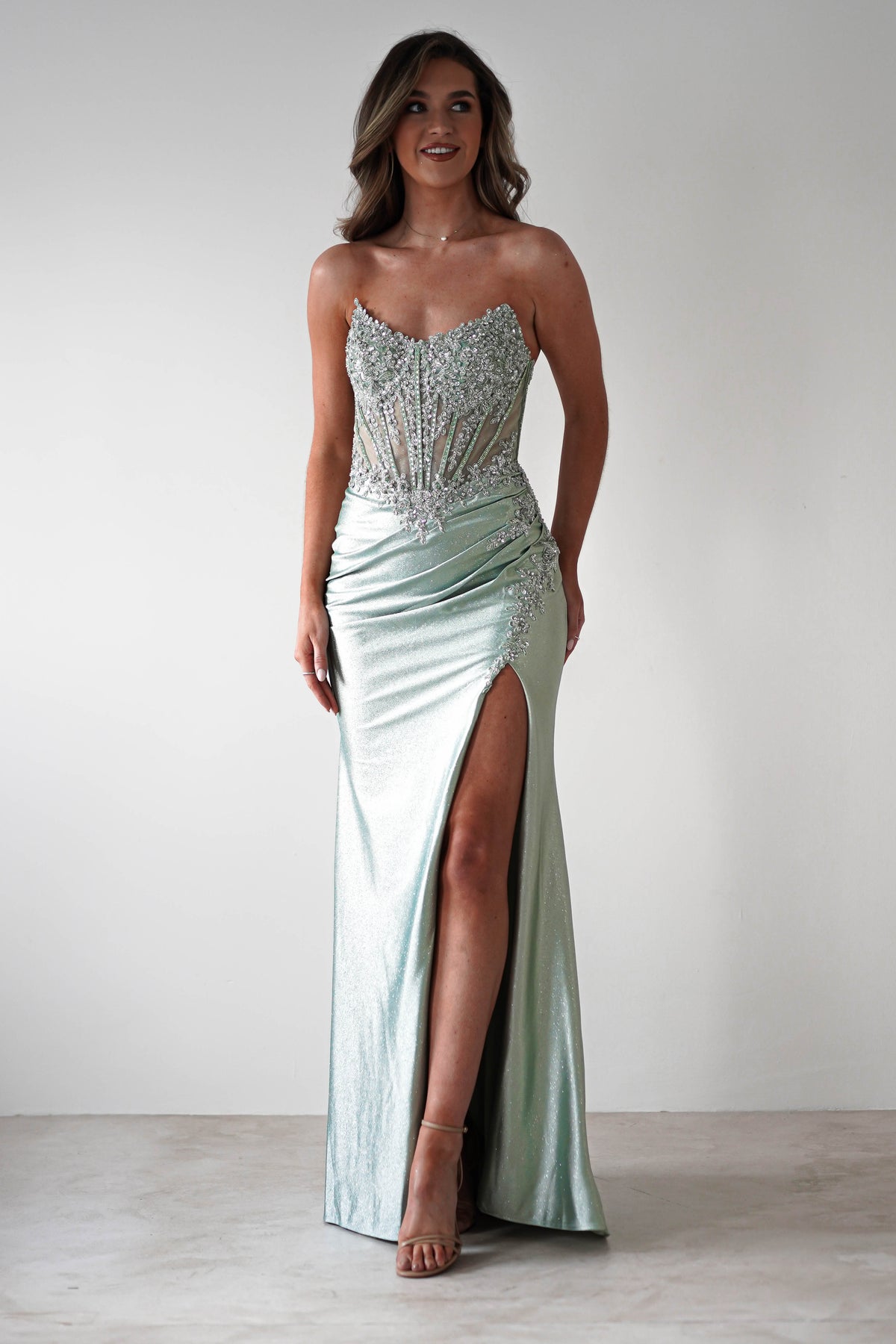 Caspian Embellished Bodycon Gown | Light Green-Oh Hello Clothing
