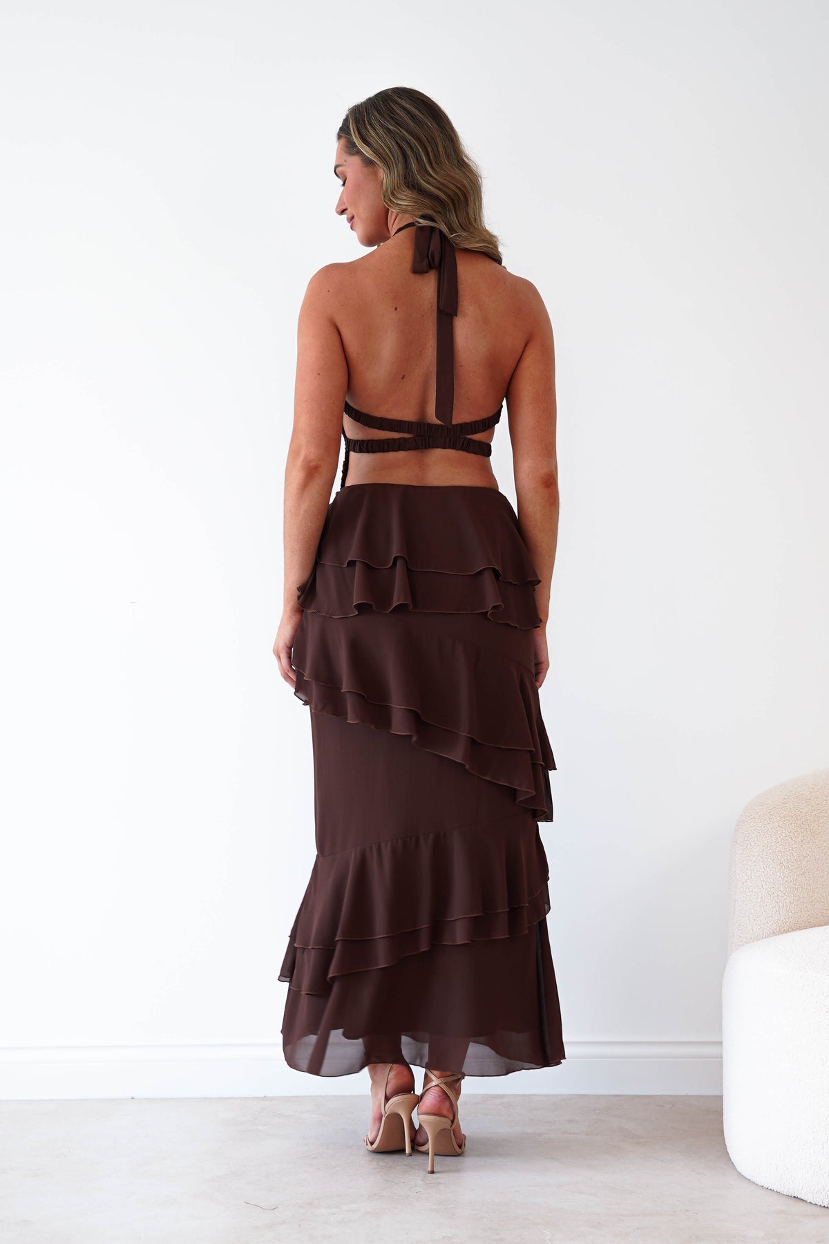 Caterina Tiered Halter Maxi Dress | Brown-Oh Hello Clothing