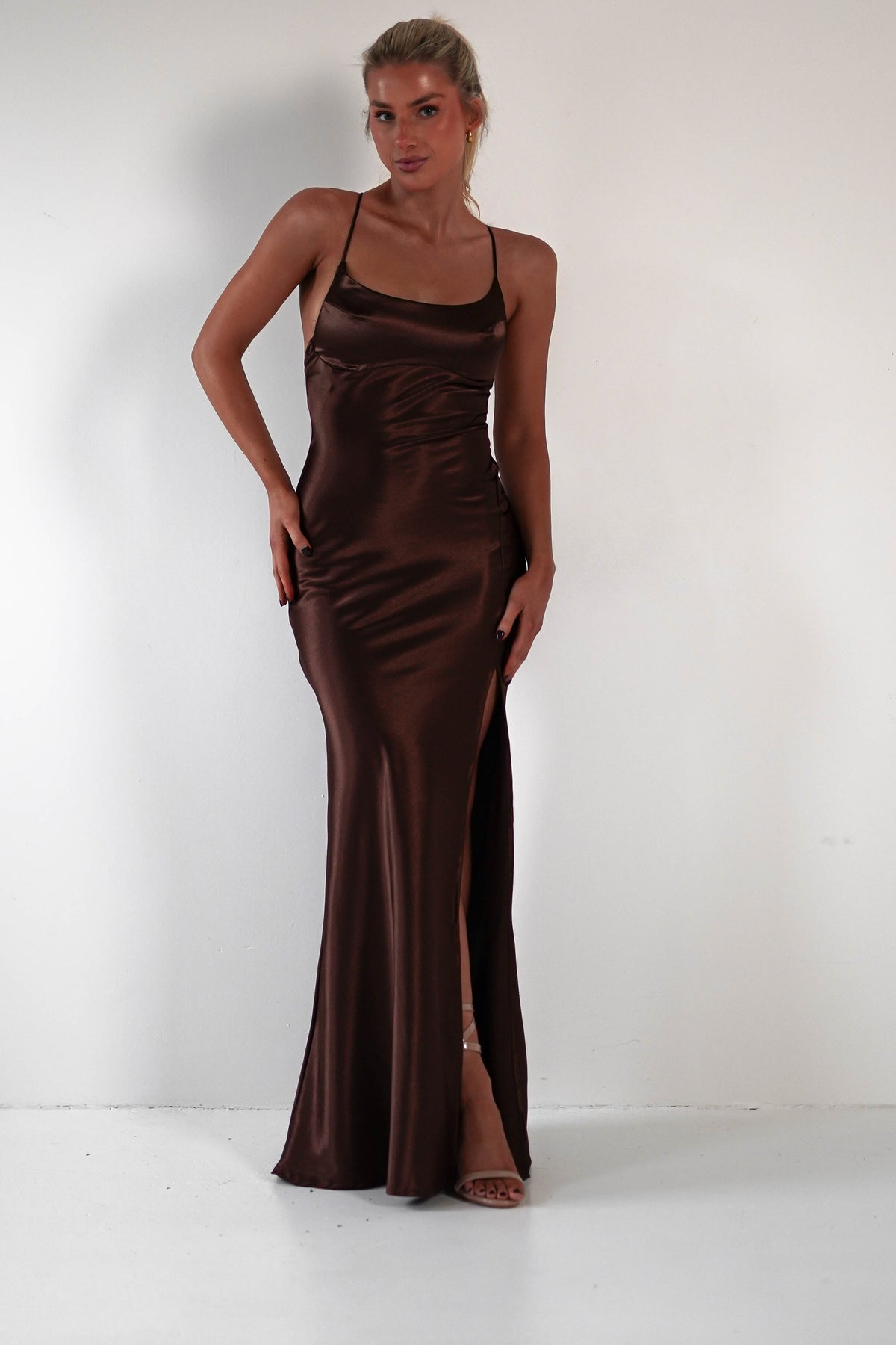 Celinee Satin Maxi Gown | Brown-Oh Hello Clothing