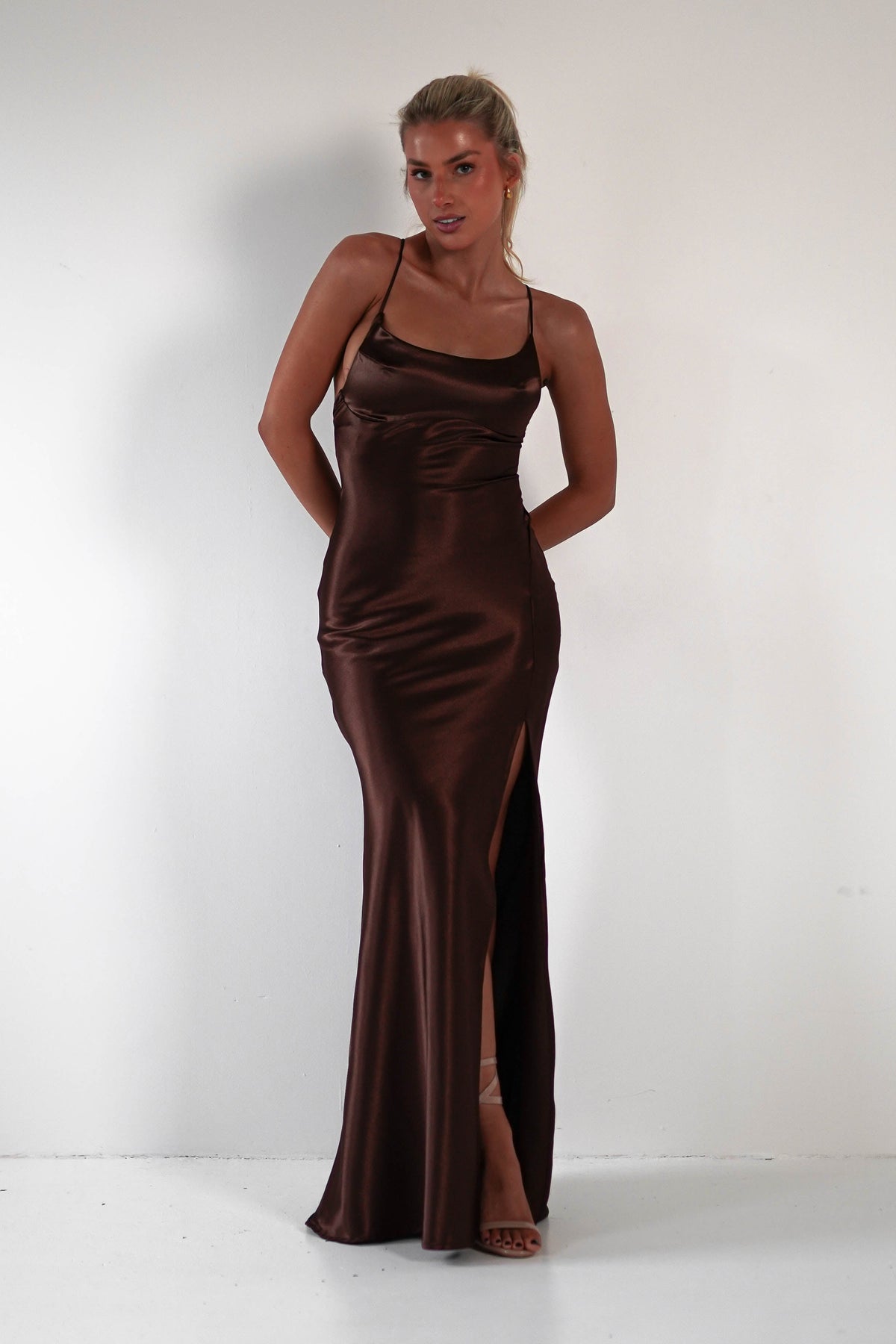 Celinee Satin Maxi Gown | Brown-Oh Hello Clothing