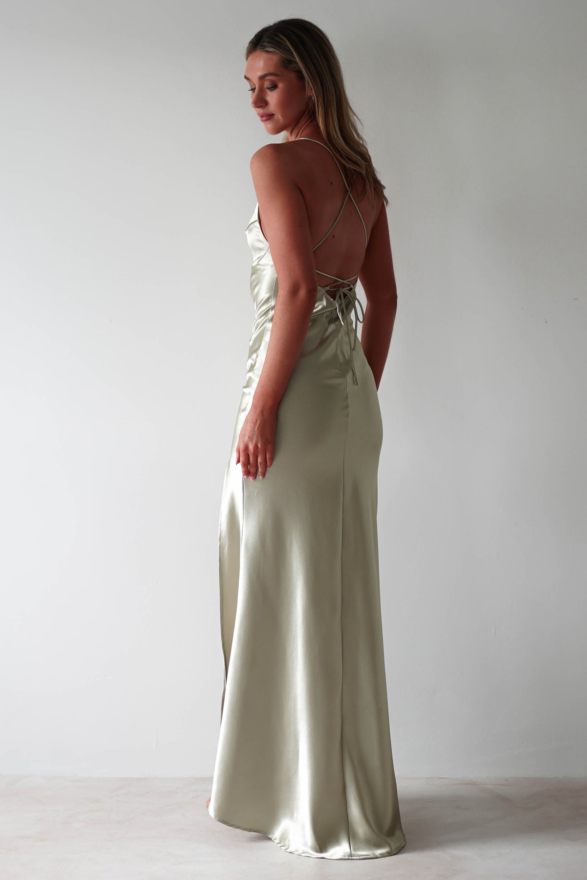 Celinee Satin Maxi Gown | Sage-Oh Hello Clothing