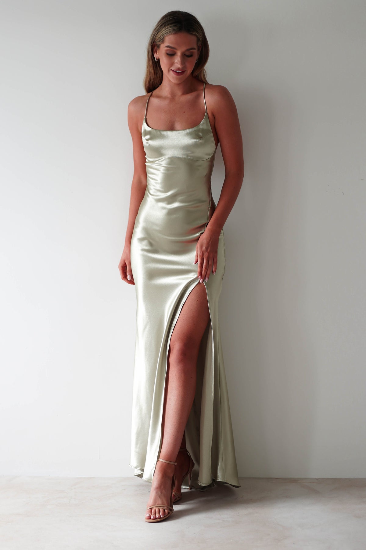 Celinee Satin Maxi Gown | Sage-Oh Hello Clothing