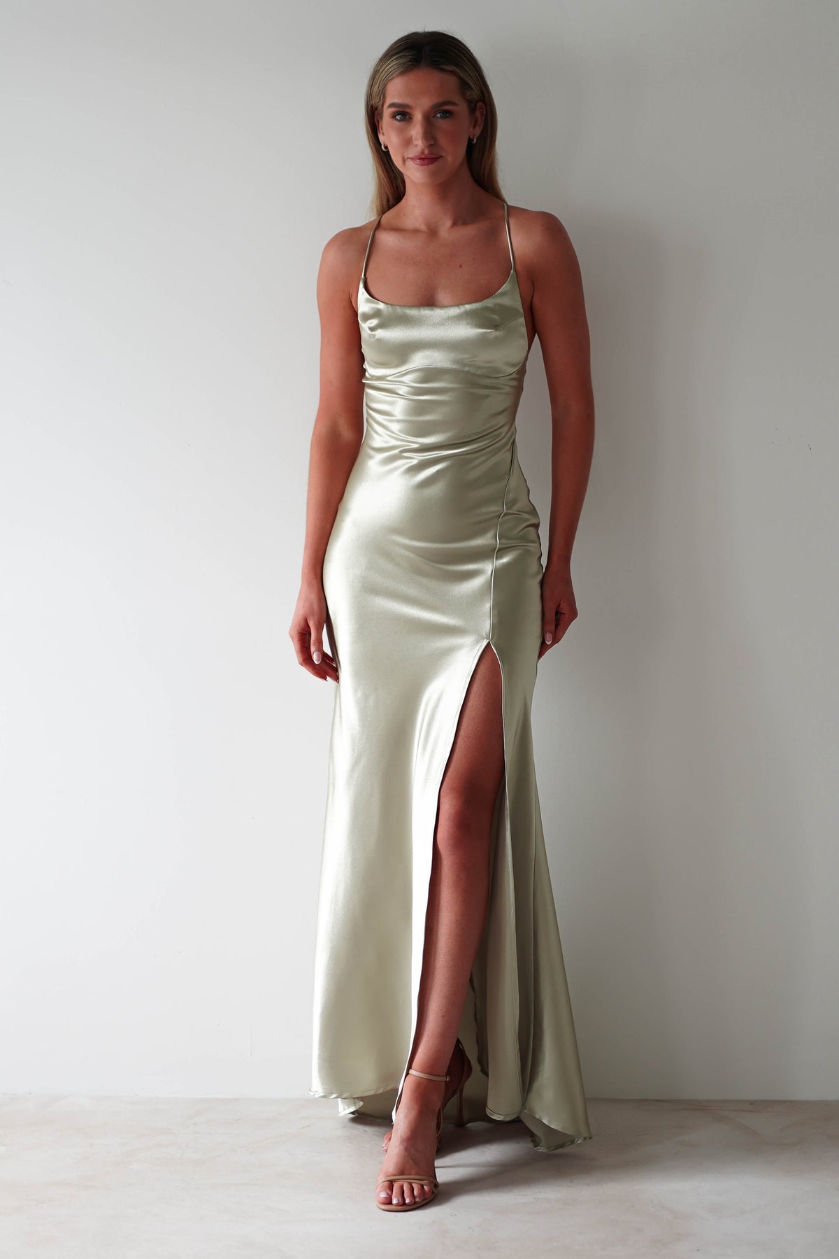 Celinee Satin Maxi Gown | Sage-Oh Hello Clothing