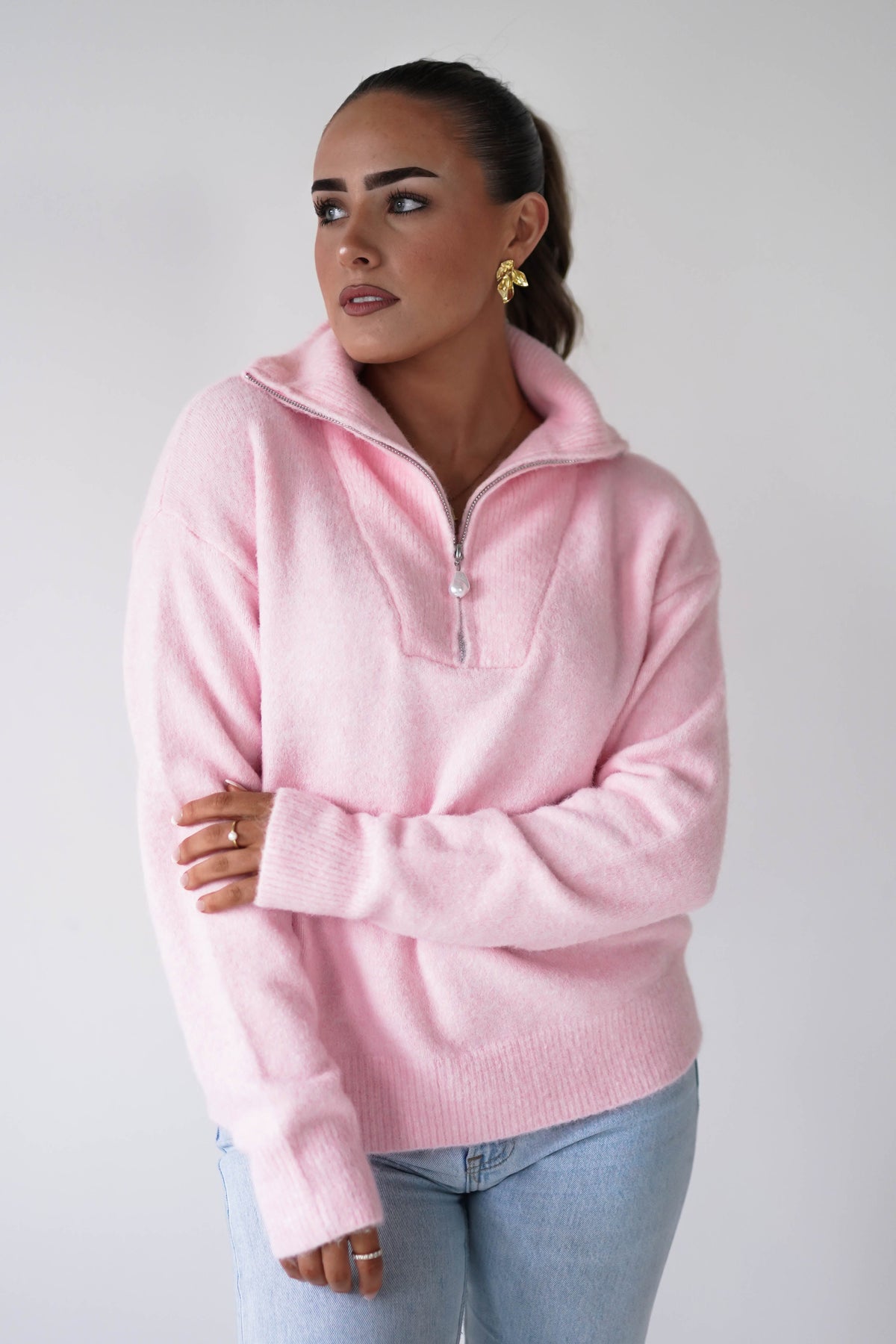 Chaney Half Pink Zip Jumper | Pink-Oh Hello Clothing